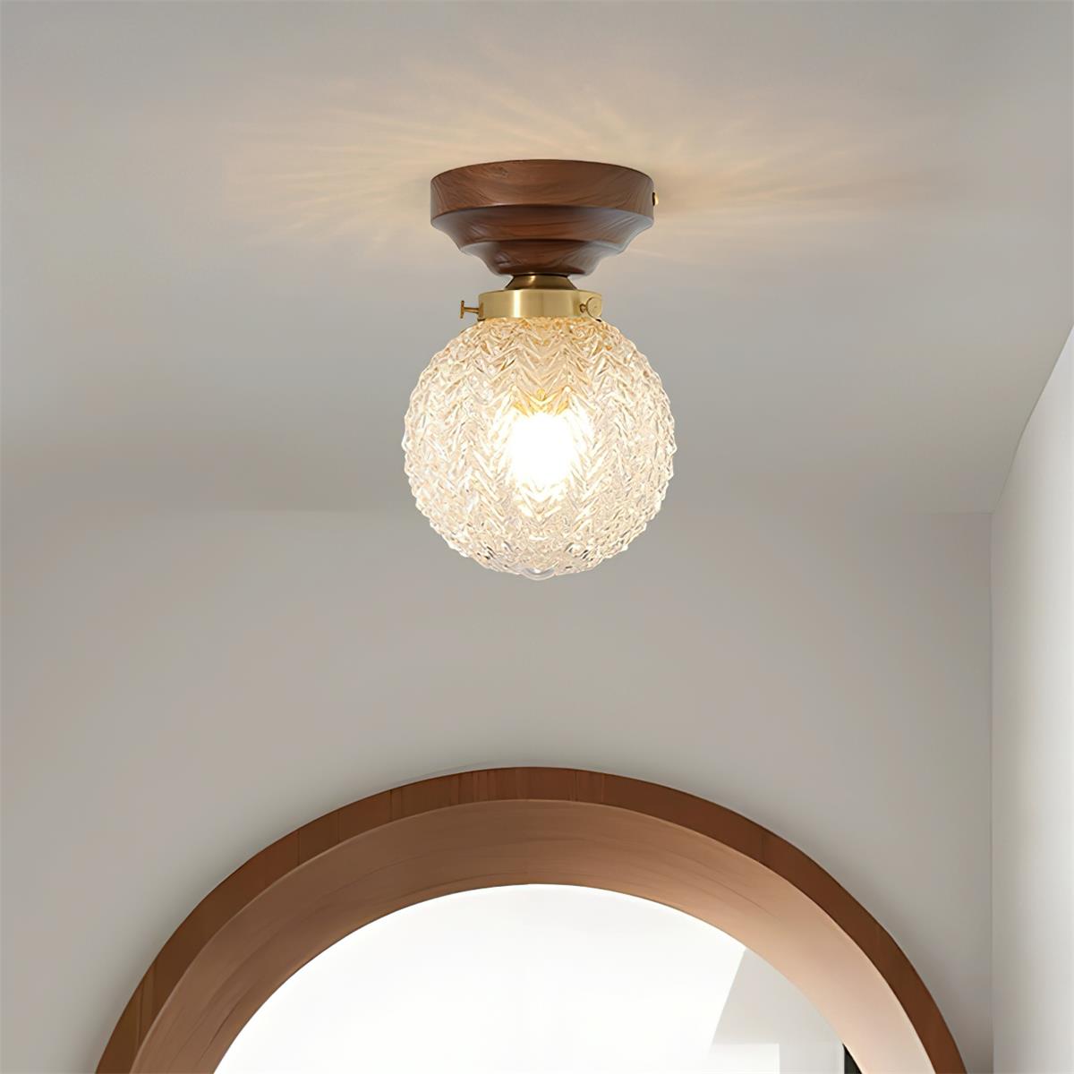 Ceiling Light Globe Shade Clear Glass Walnut Wood Canopy Brass - Neutralighting