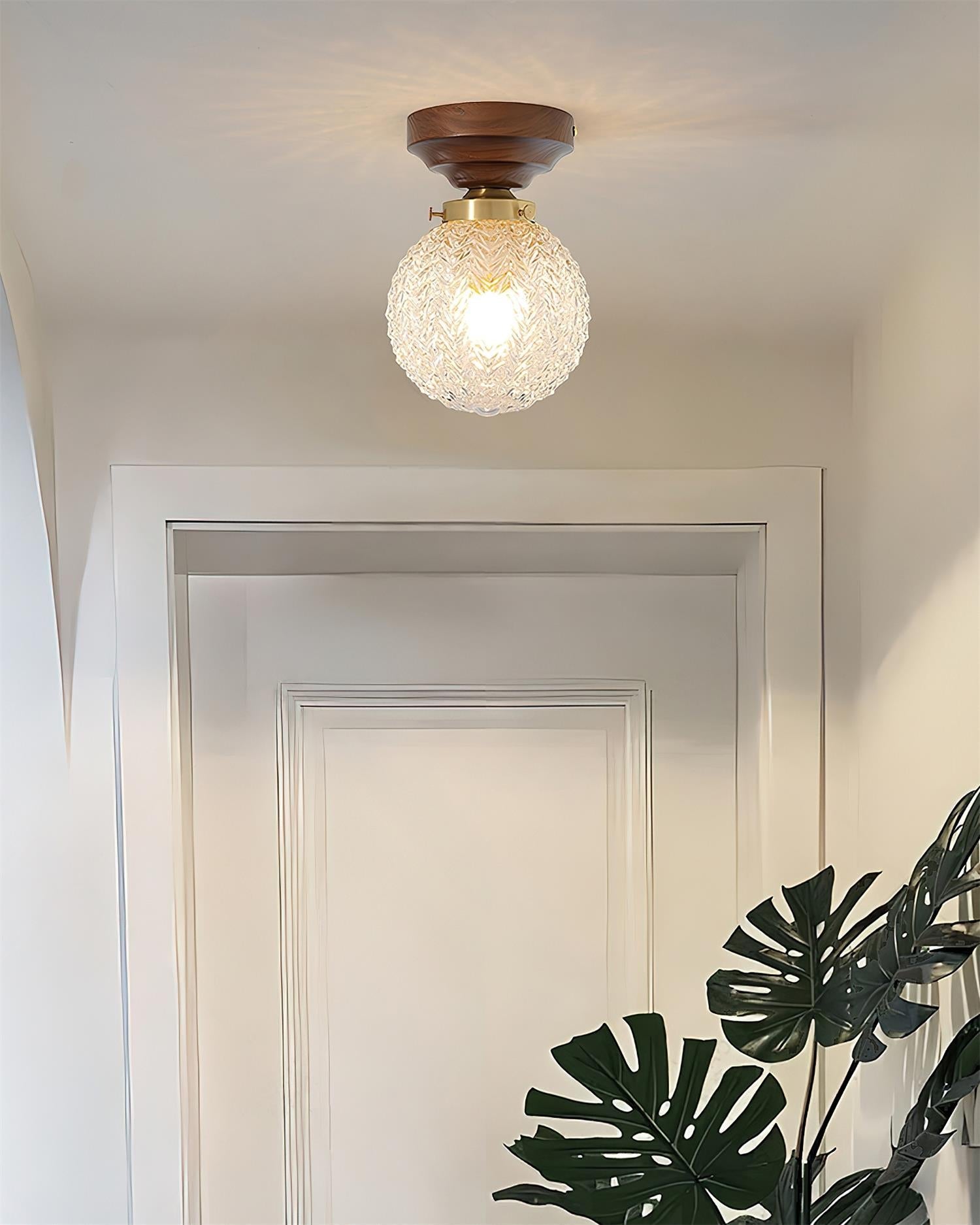 Ceiling Light Globe Shade Clear Glass Walnut Wood Canopy Brass - Neutralighting