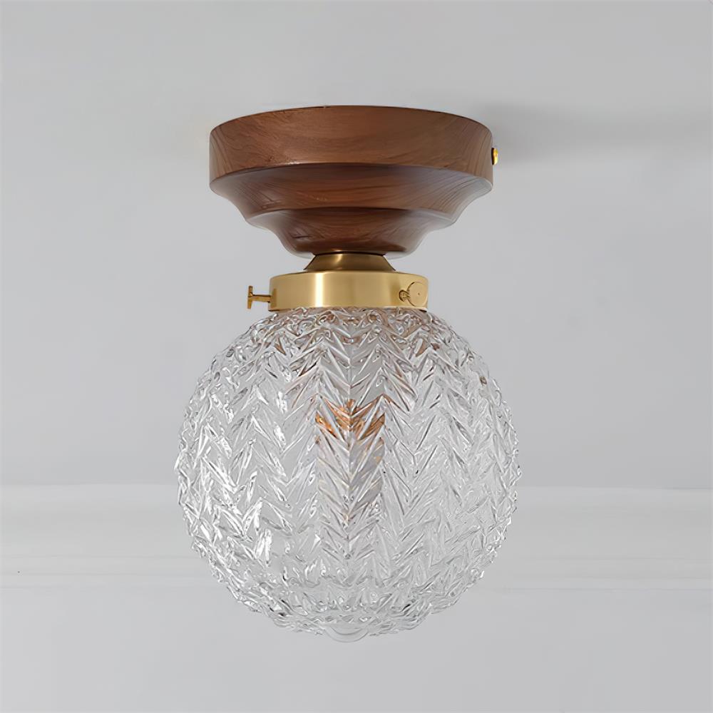Ceiling Light Globe Shade Clear Glass Walnut Wood Canopy Brass - Neutralighting
