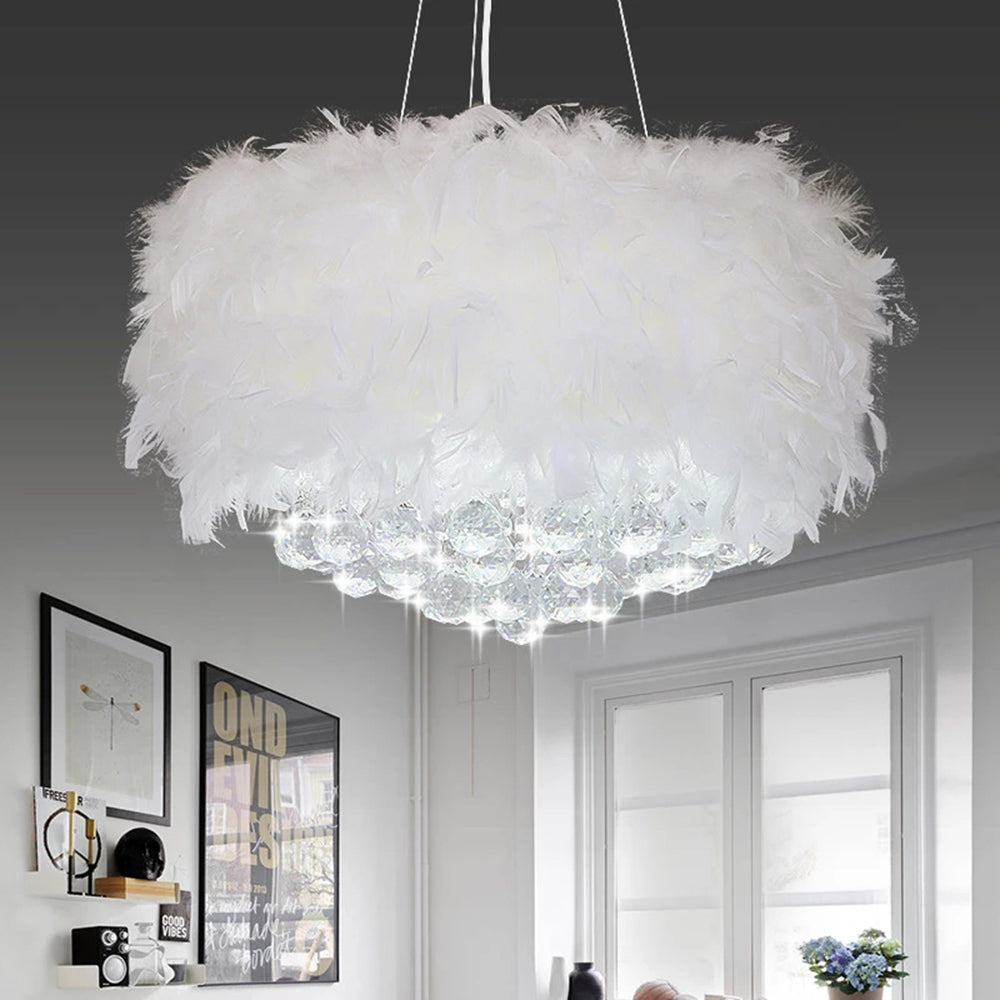O'Moore Modern Luxury Round Chandelier, Feather/Crystal, White - Neutralighting