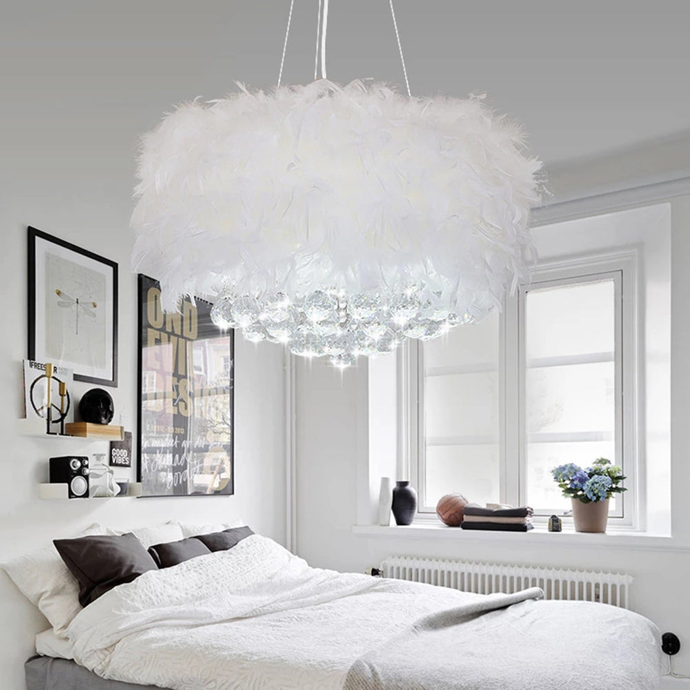 O'Moore Modern Luxury Round Chandelier, Feather/Crystal, White - Neutralighting