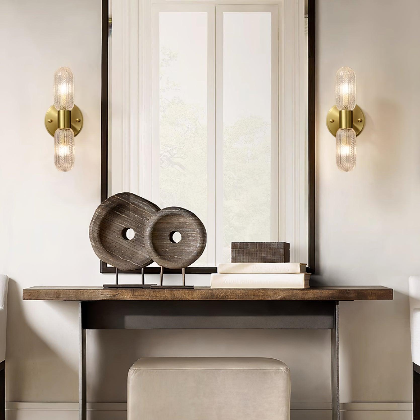 Evania Brass and Textured Glass Double Light Wall Sconce - Neutralighting