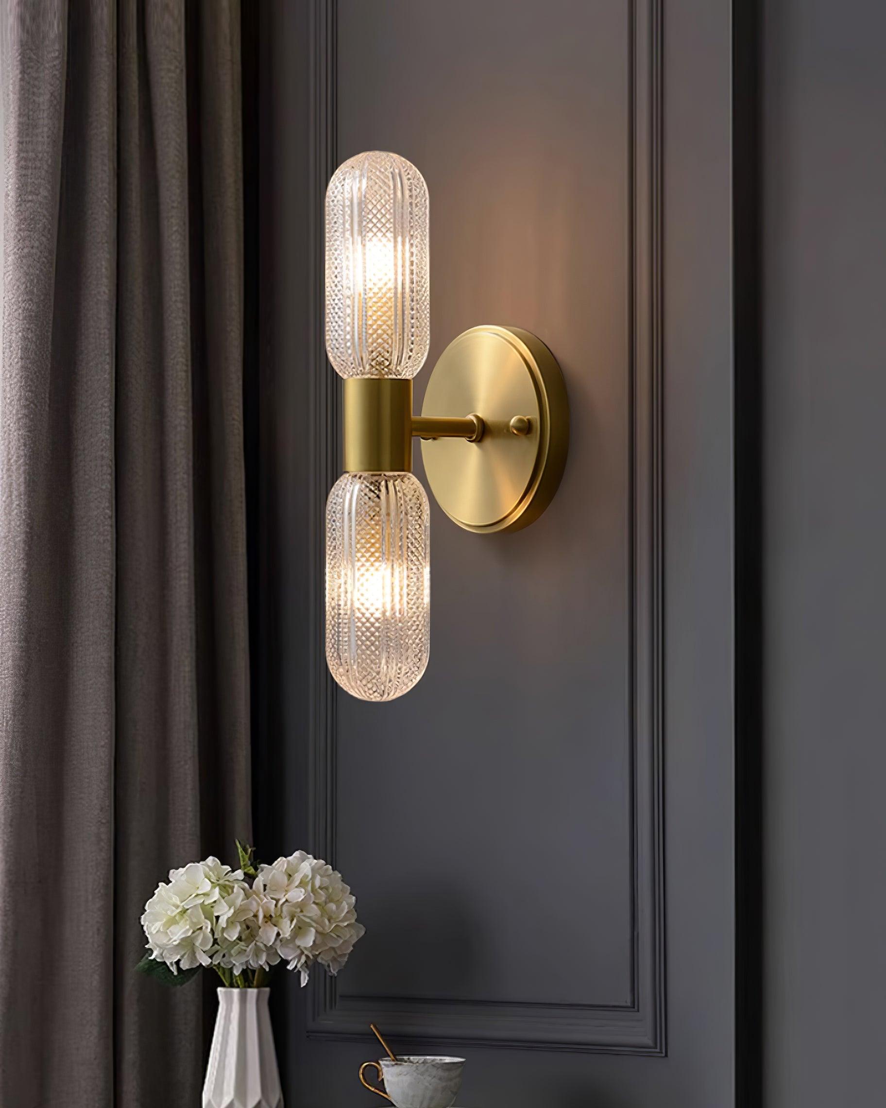 Evania Brass and Textured Glass Double Light Wall Sconce - Neutralighting