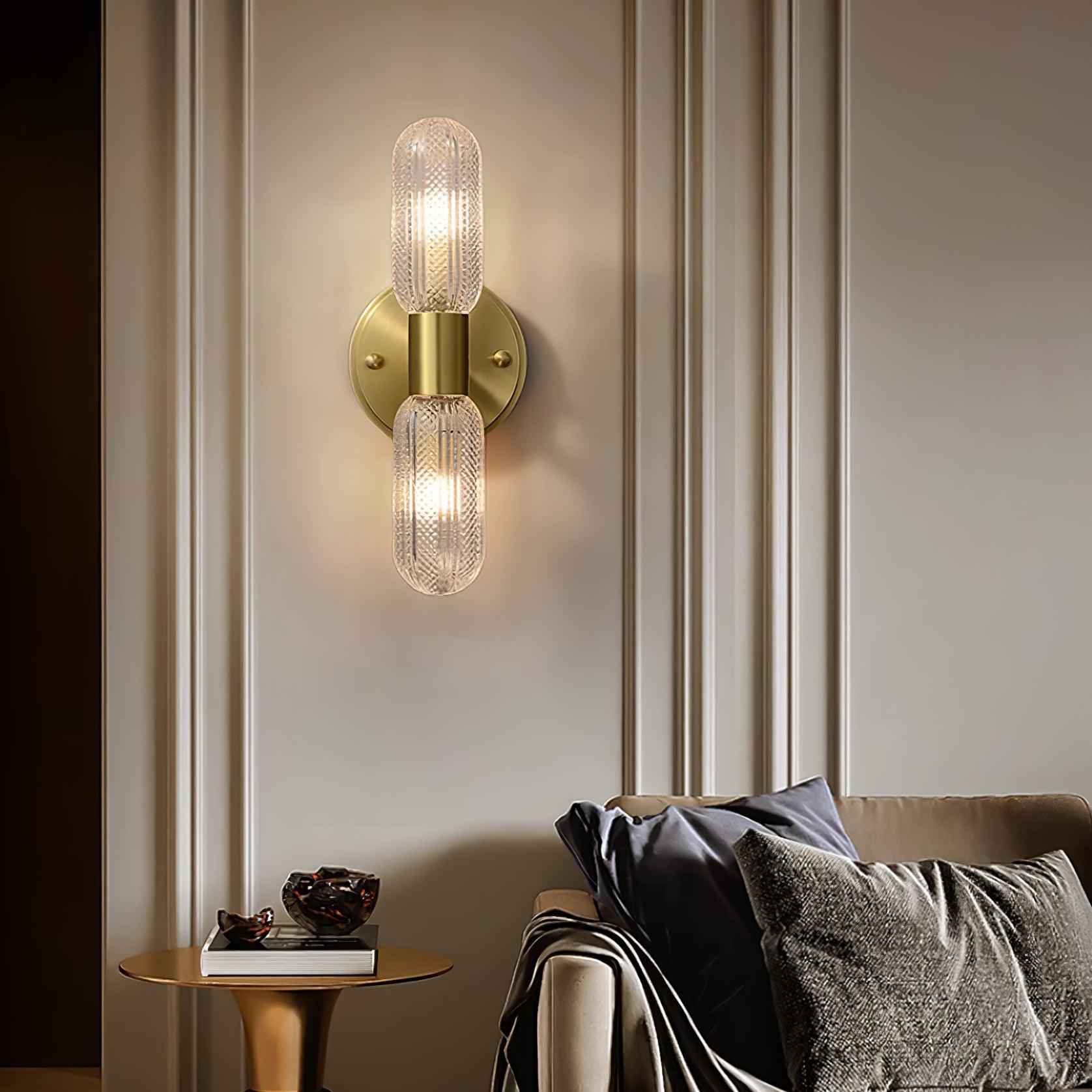 Evania Brass and Textured Glass Double Light Wall Sconce - Neutralighting