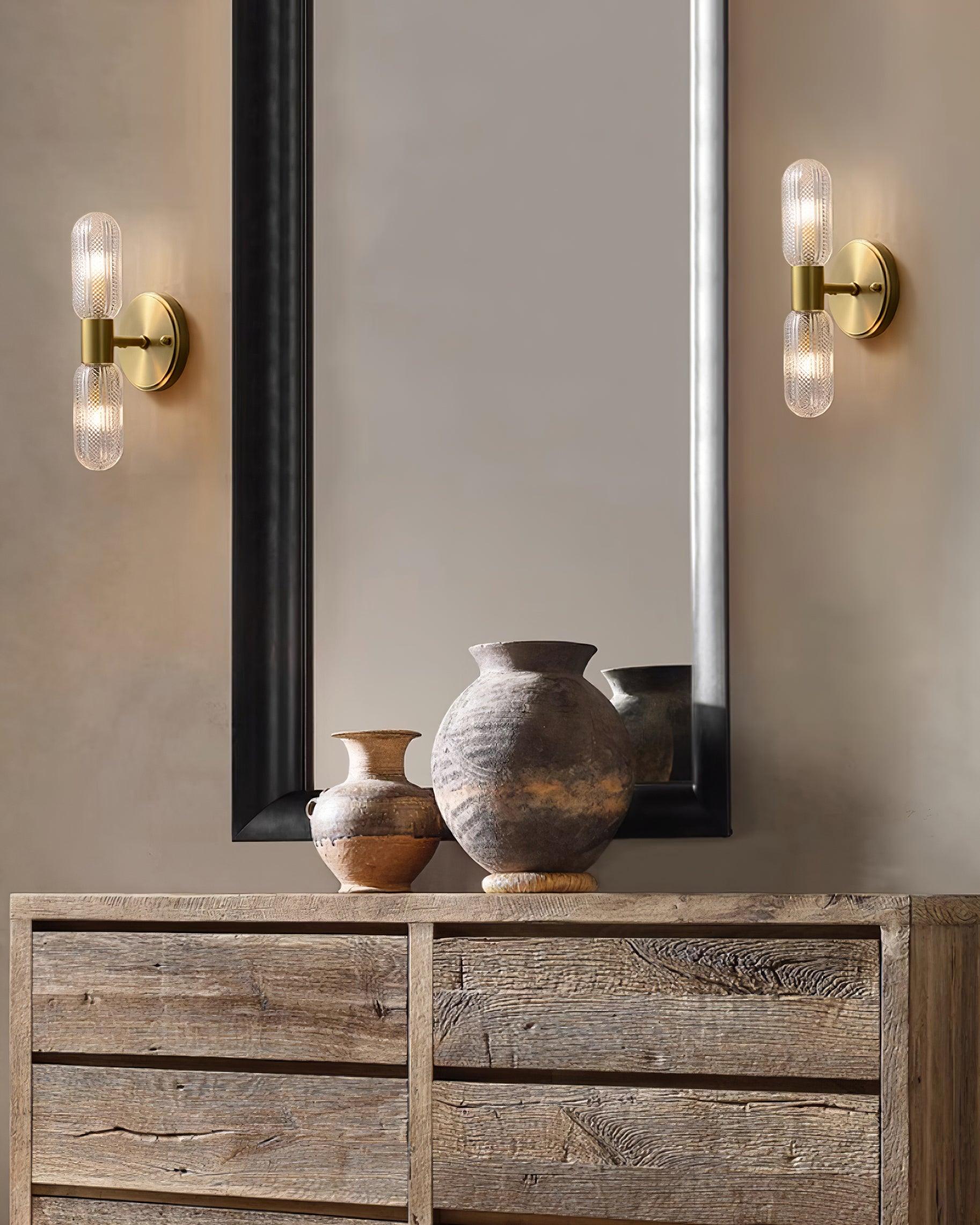 Evania Brass and Textured Glass Double Light Wall Sconce - Neutralighting
