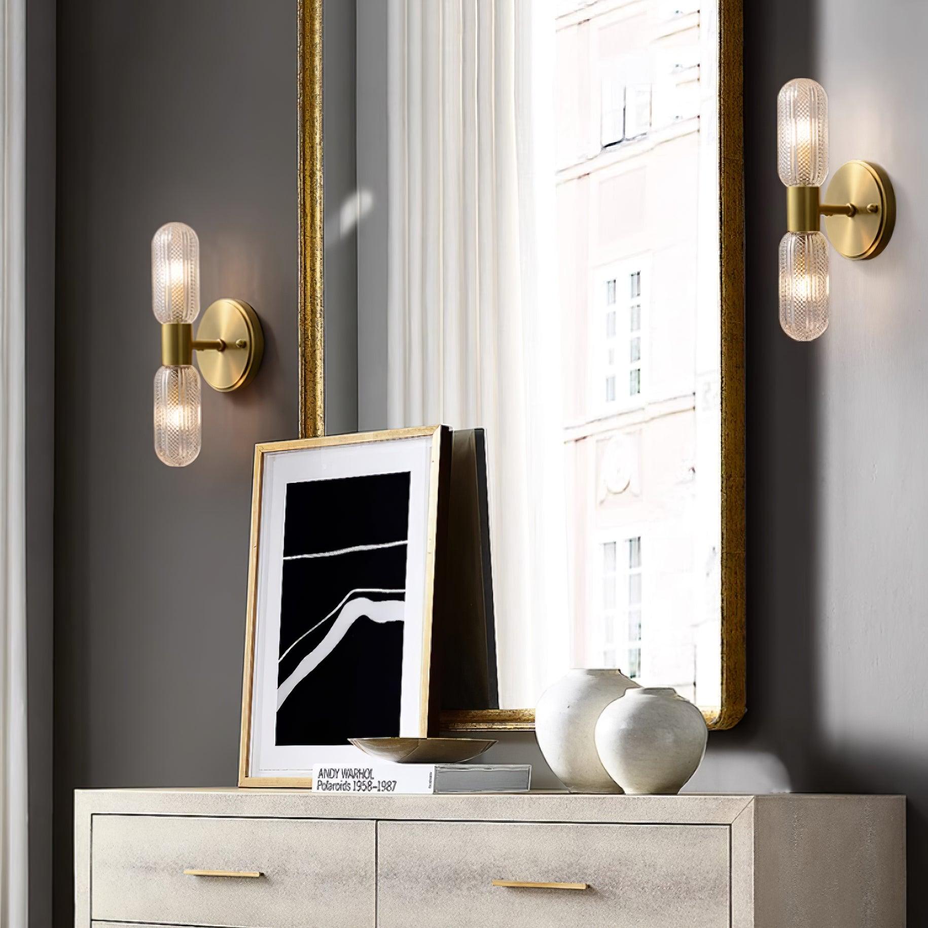 Evania Brass and Textured Glass Double Light Wall Sconce - Neutralighting