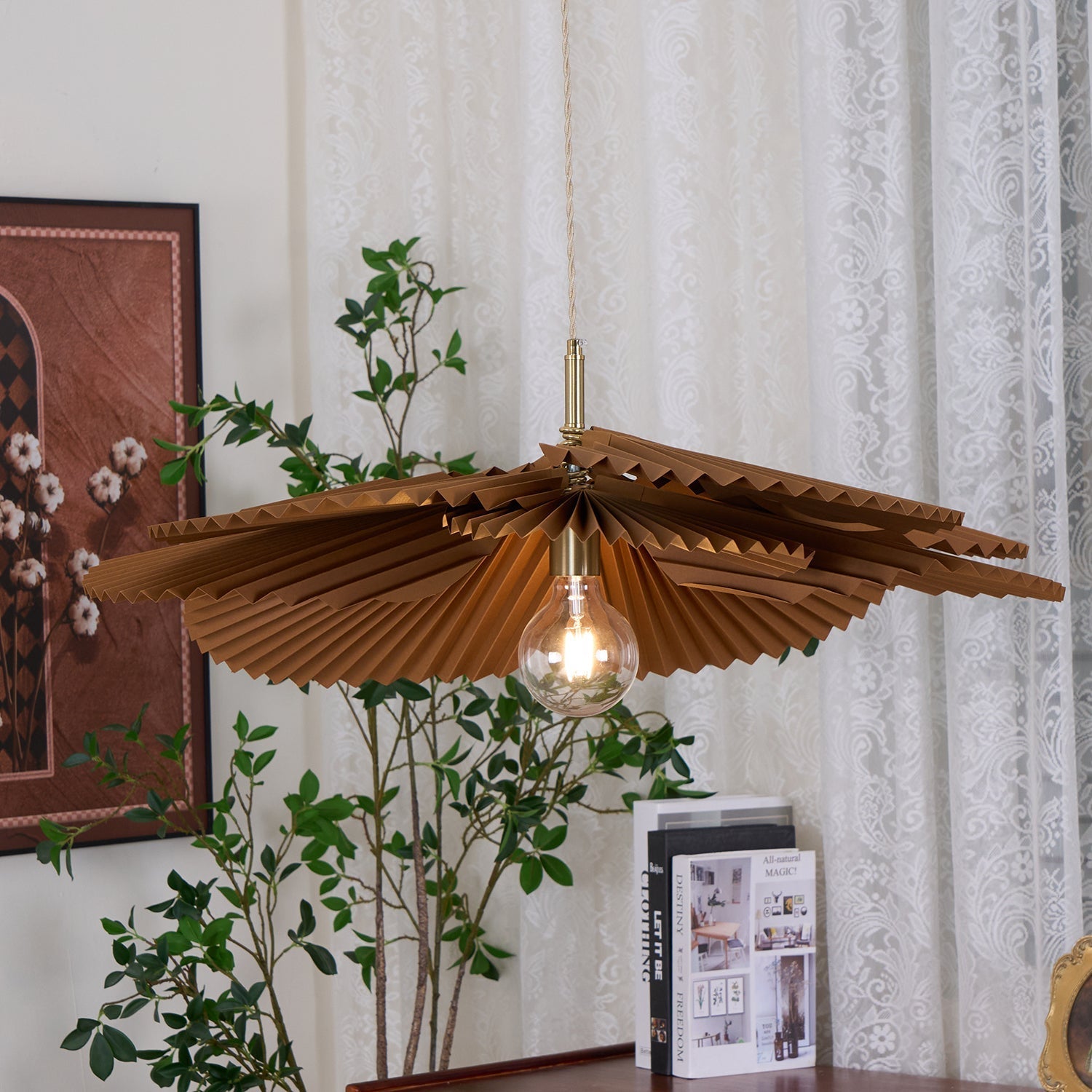 Pendant Light with Pleated Kraft Paper Petal Shade - Neutralighting