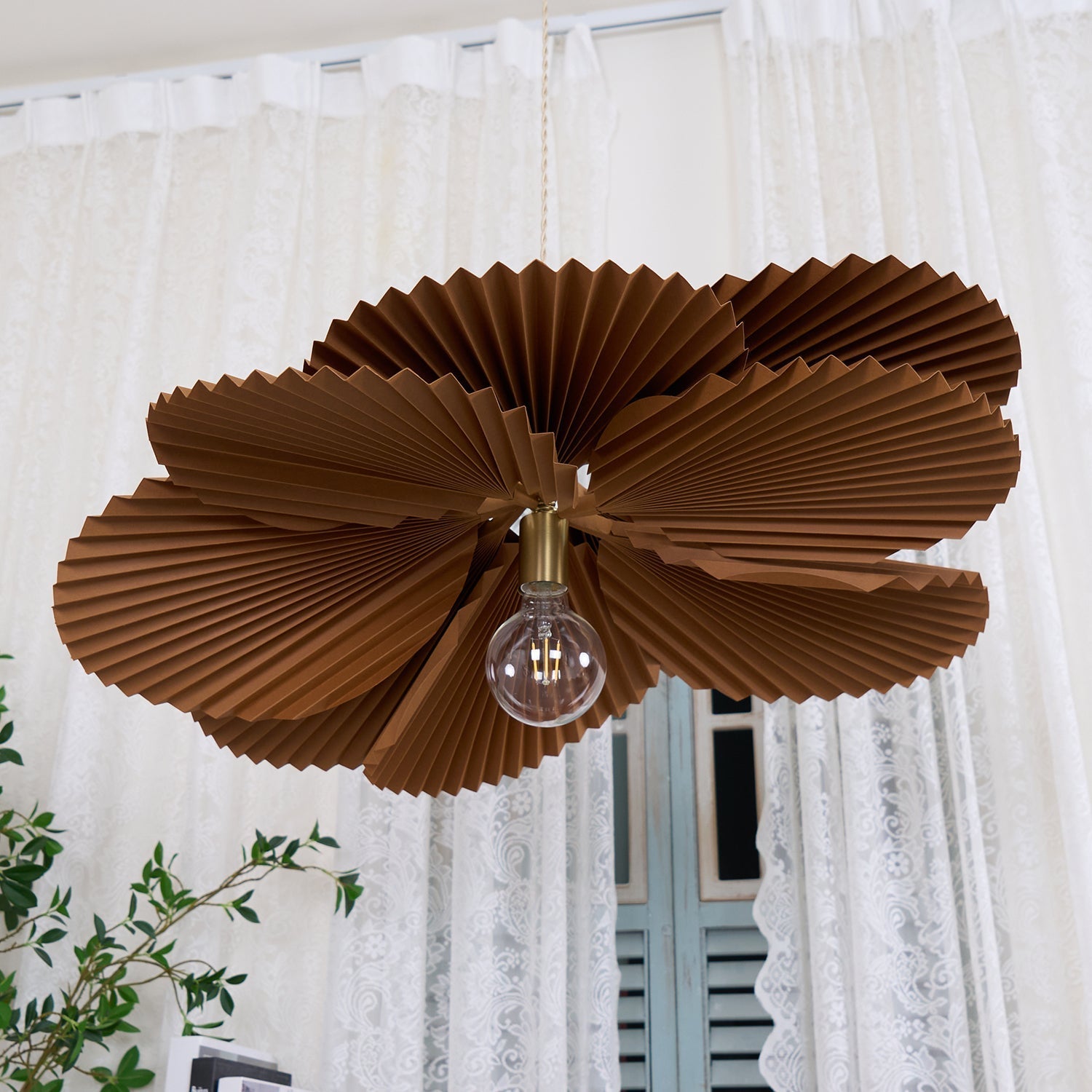 Pendant Light with Pleated Kraft Paper Petal Shade - Neutralighting