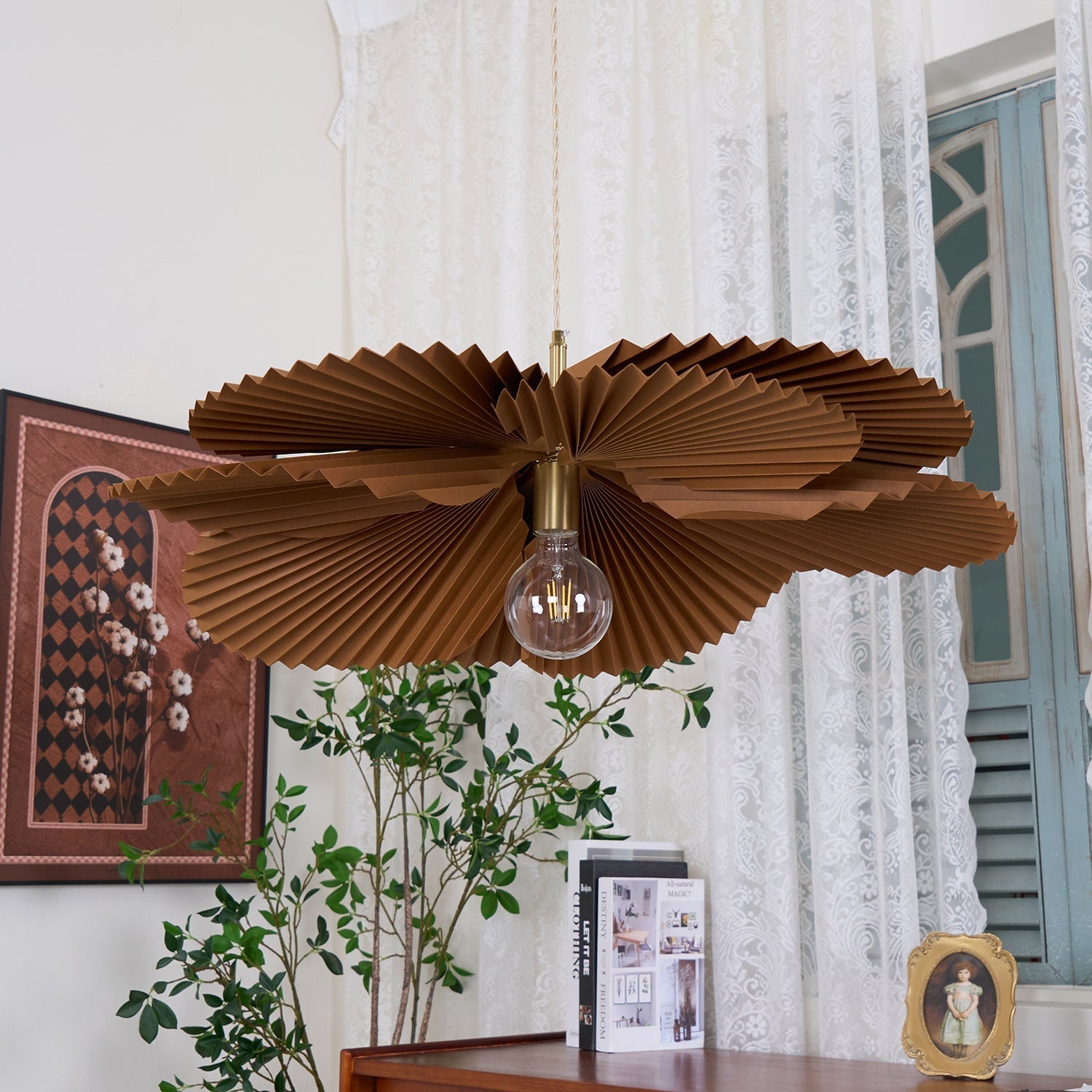 Pendant Light with Pleated Kraft Paper Petal Shade - Neutralighting