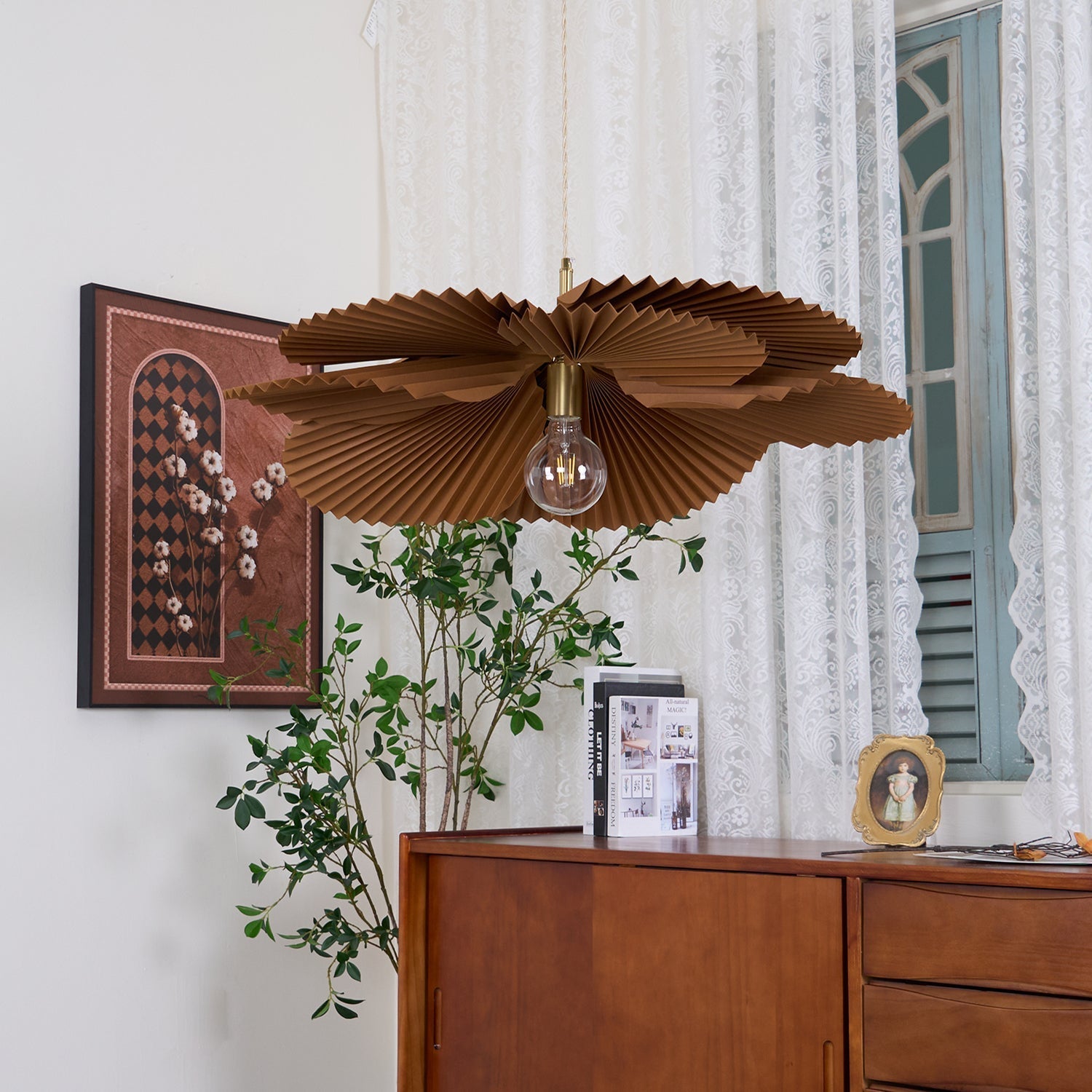 Pendant Light with Pleated Kraft Paper Petal Shade - Neutralighting