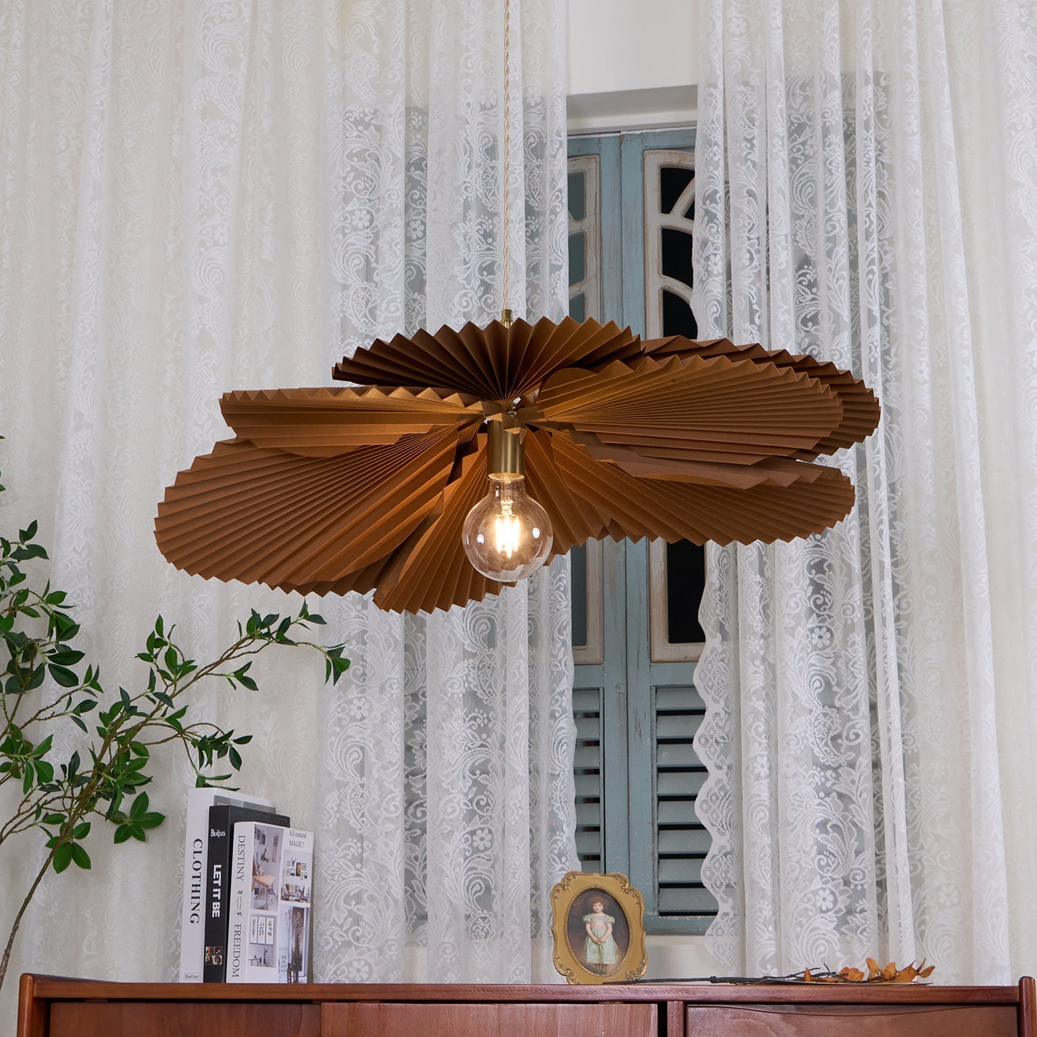 Pendant Light with Pleated Kraft Paper Petal Shade - Neutralighting