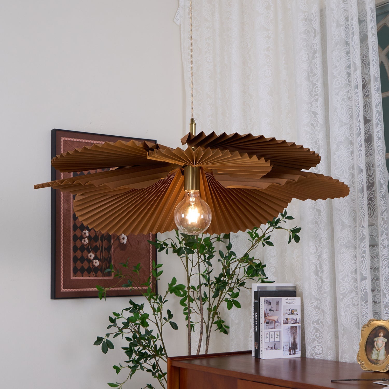 Pendant Light with Pleated Kraft Paper Petal Shade - Neutralighting