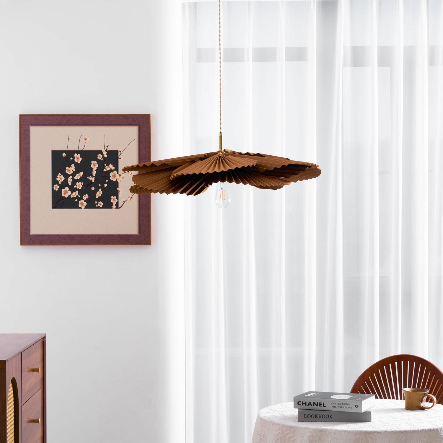 Pendant Light with Pleated Kraft Paper Petal Shade - Neutralighting
