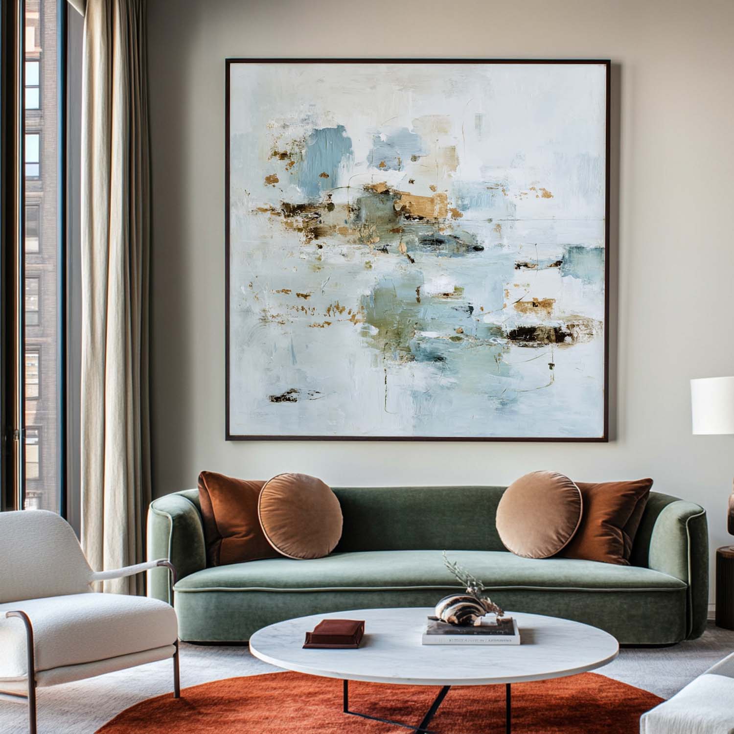 Sage‑Blue‑Beige‑Gold Square Gilded Muted Abstract Textured Artwork