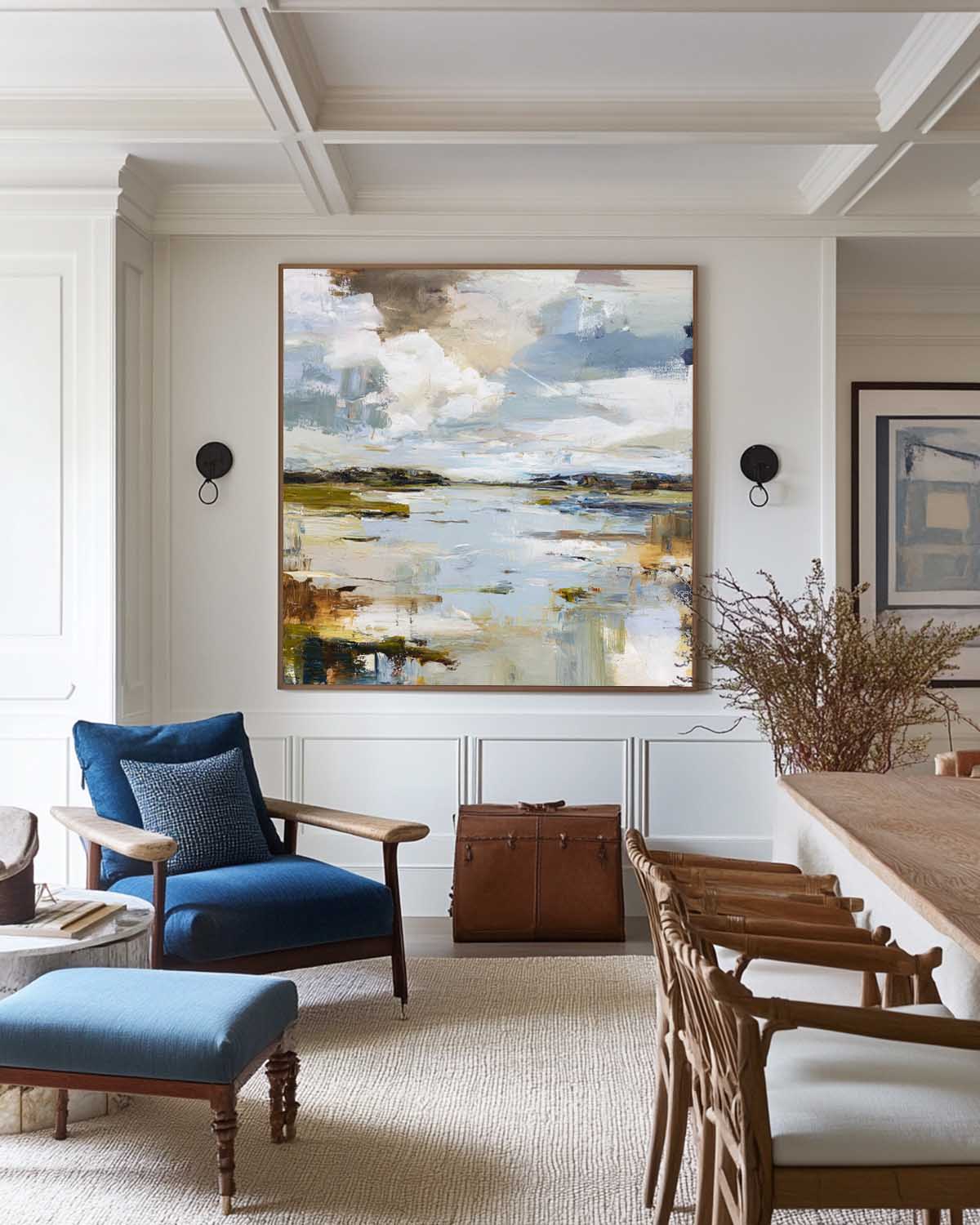 Blue‑White‑Ochre Square Impasto Abstract Coastal Landscape Artwork