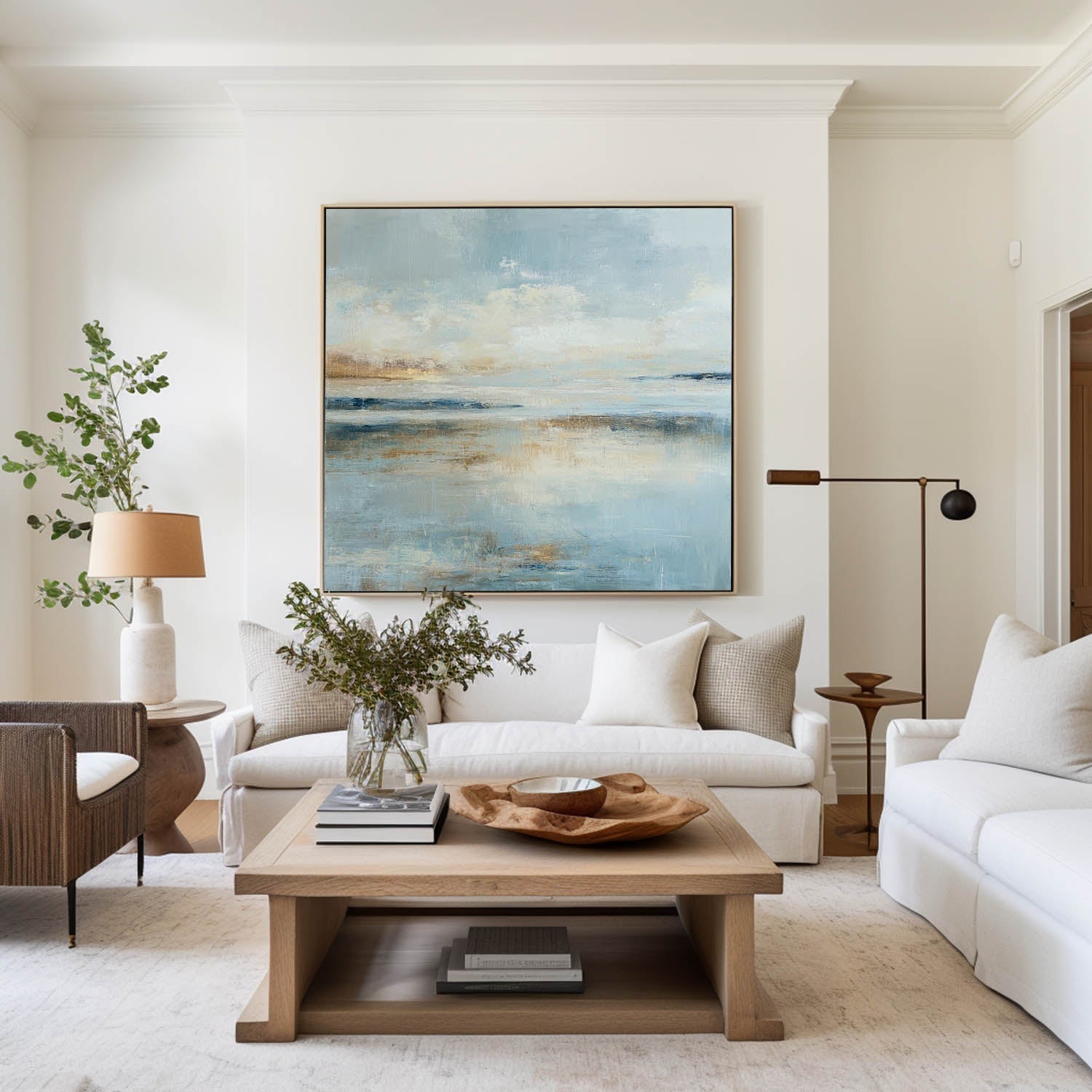 Blue‑Beige‑Gold Square Abstract Coastal Seascape Textured Artwork