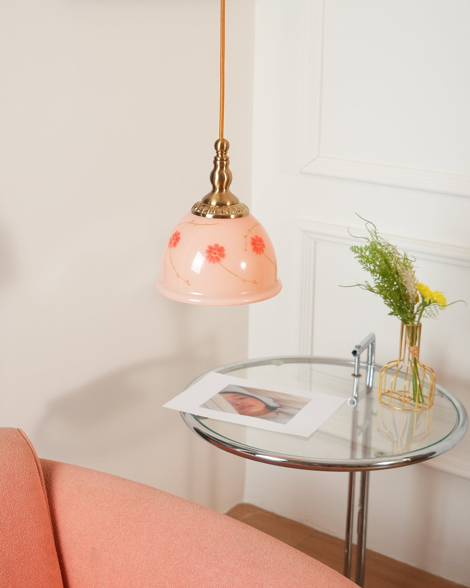 Pendant Lamp Brass and Glass Floral Pattern Dome Shade Vintage - Neutralighting