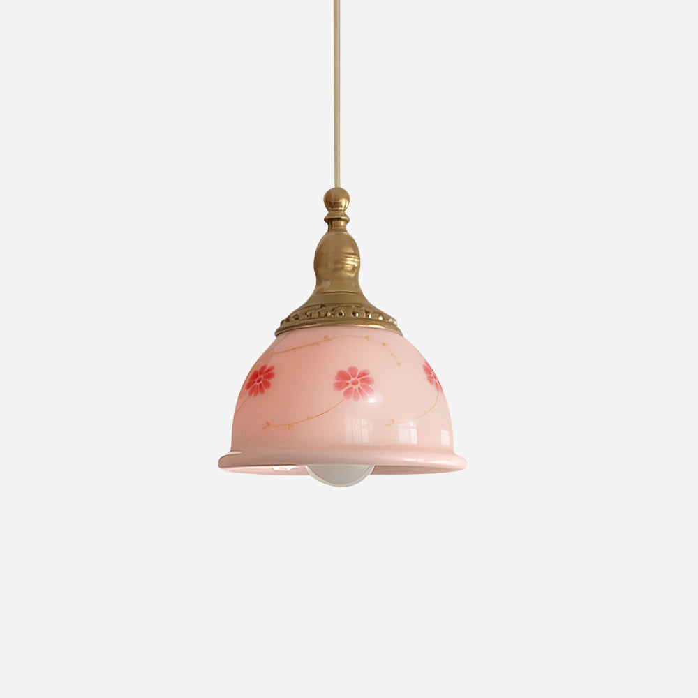 Pendant Lamp Brass and Glass Floral Pattern Dome Shade Vintage - Neutralighting