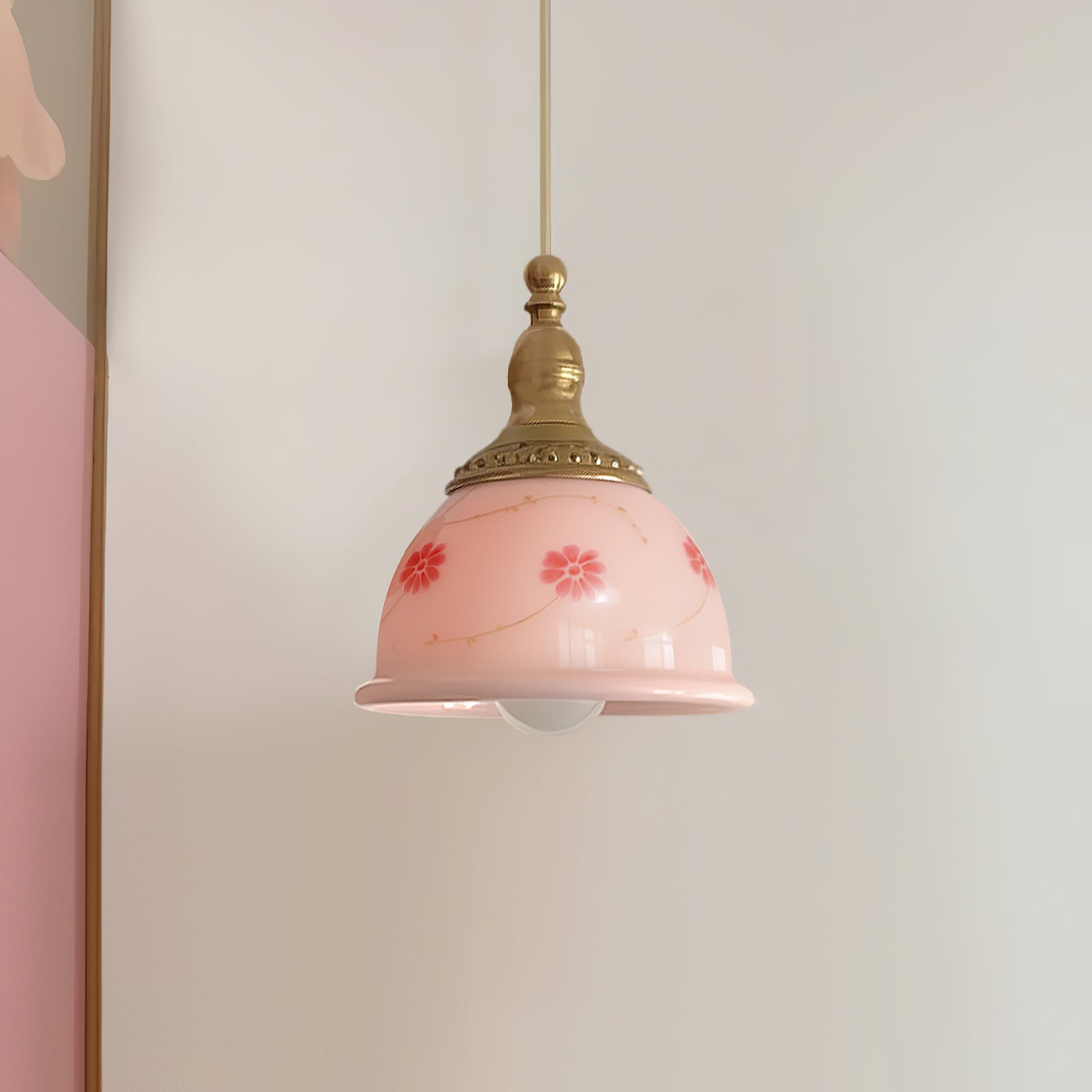 Pendant Lamp Brass and Glass Floral Pattern Dome Shade Vintage - Neutralighting