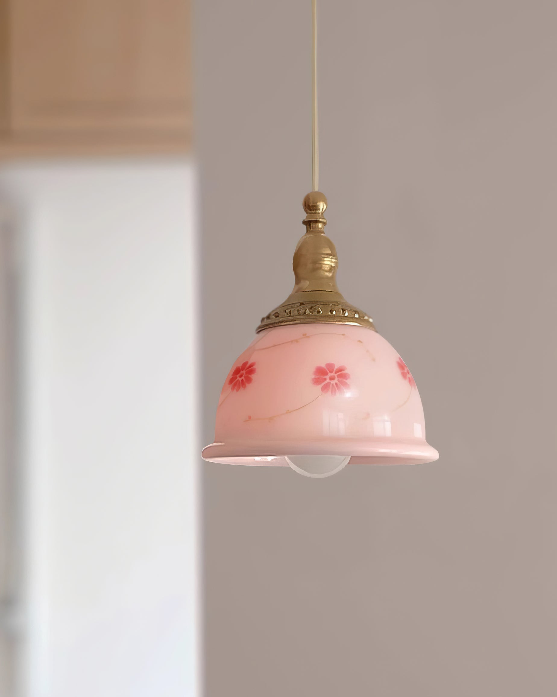 Pendant Lamp Brass and Glass Floral Pattern Dome Shade Vintage - Neutralighting
