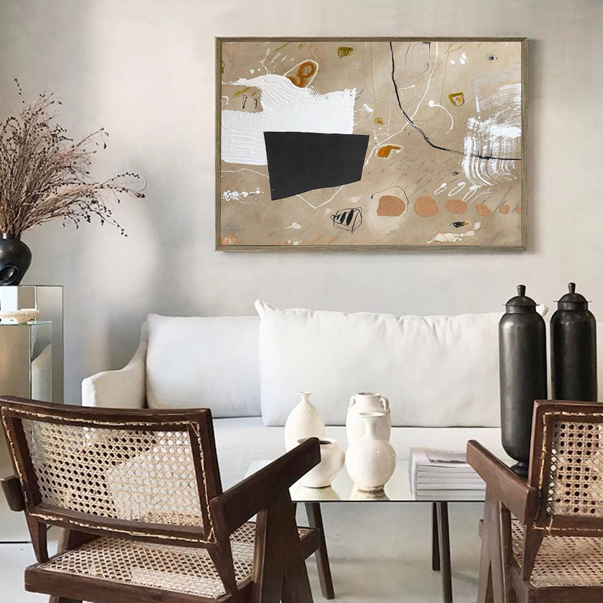 Beige Black Abstract Shapes Minimalist Painting