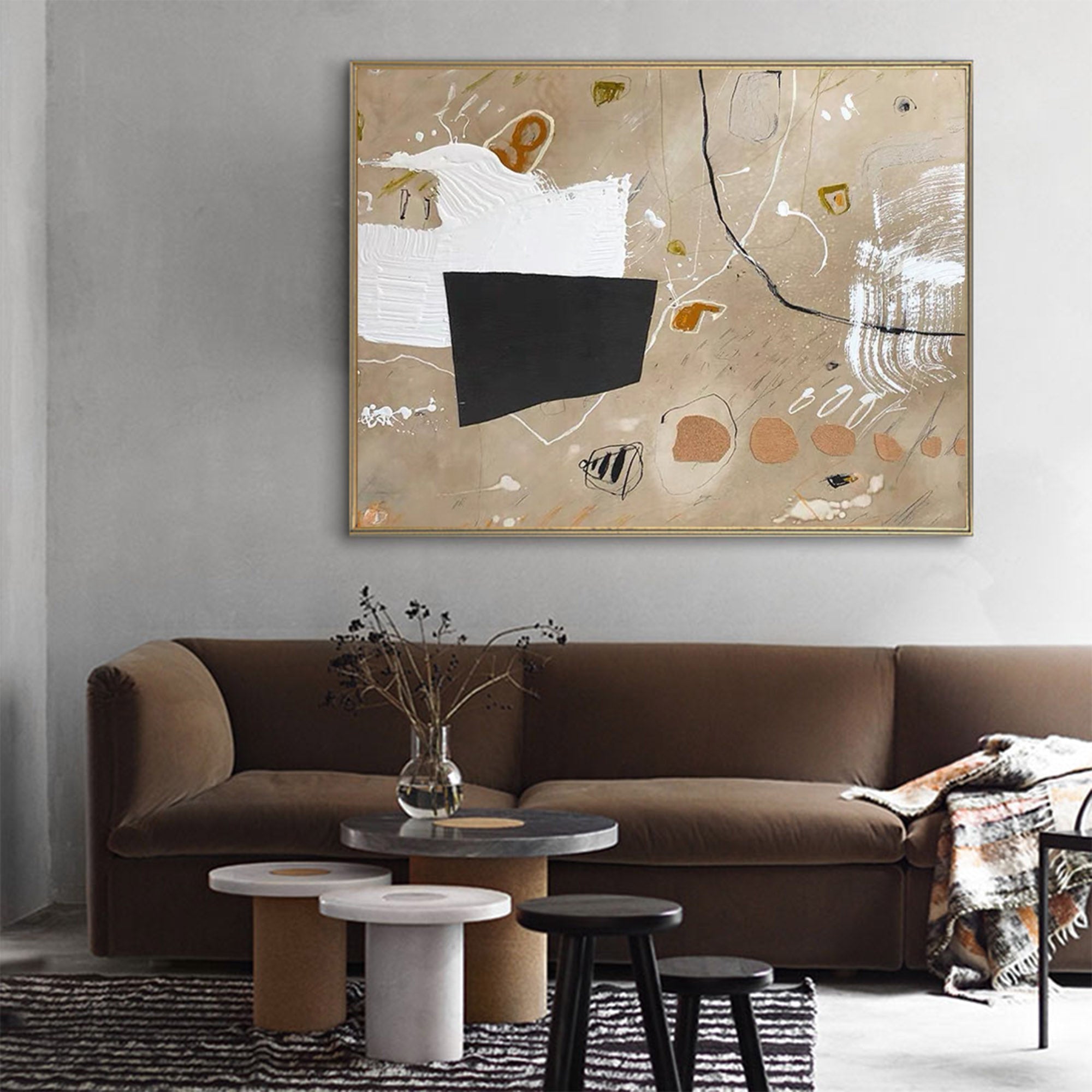 Beige Black Abstract Shapes Minimalist Painting