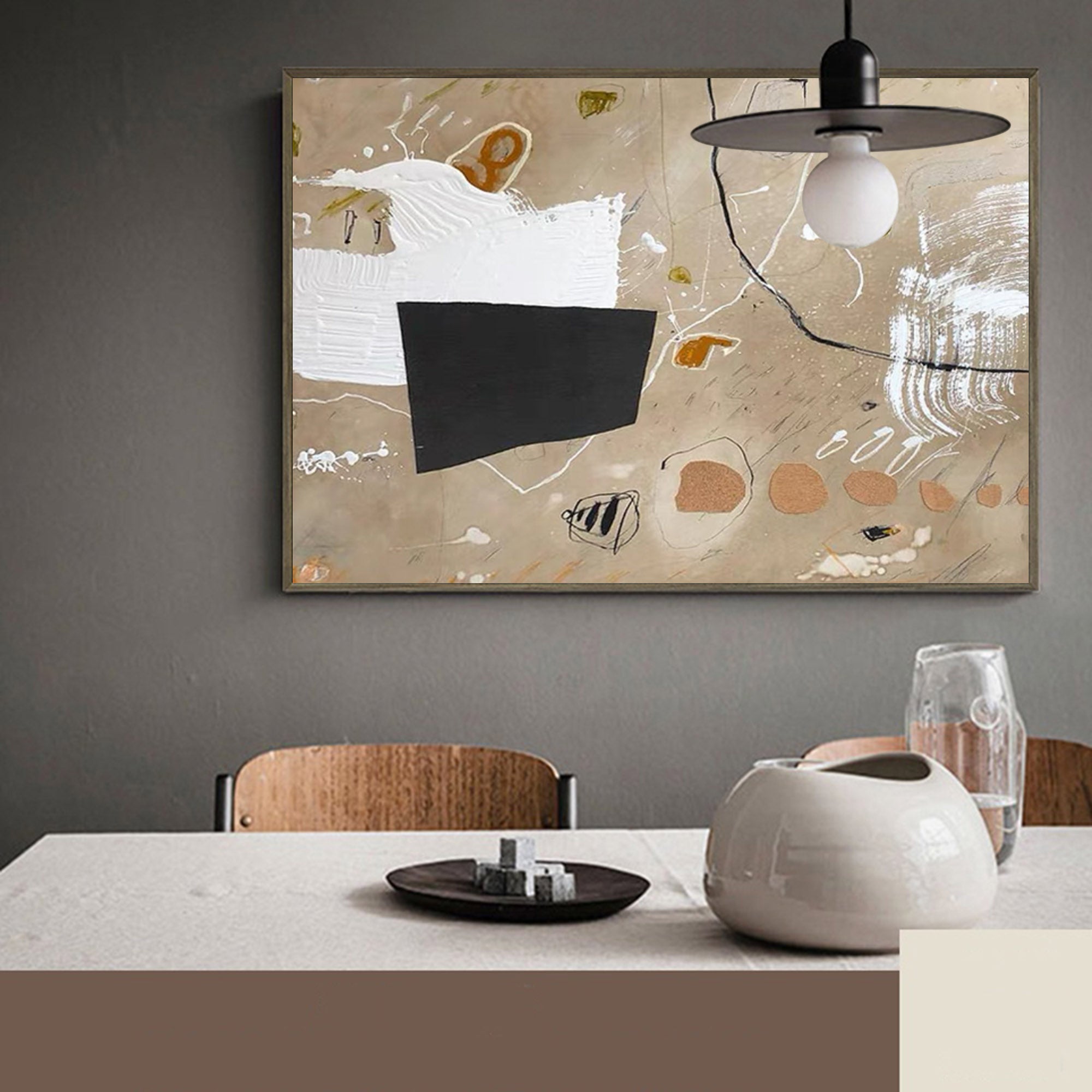 Beige Black Abstract Shapes Minimalist Painting
