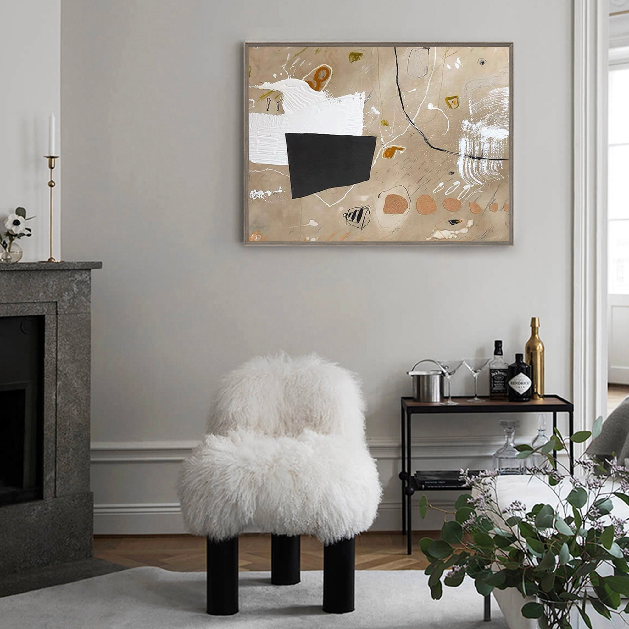 Beige Black Abstract Shapes Minimalist Painting