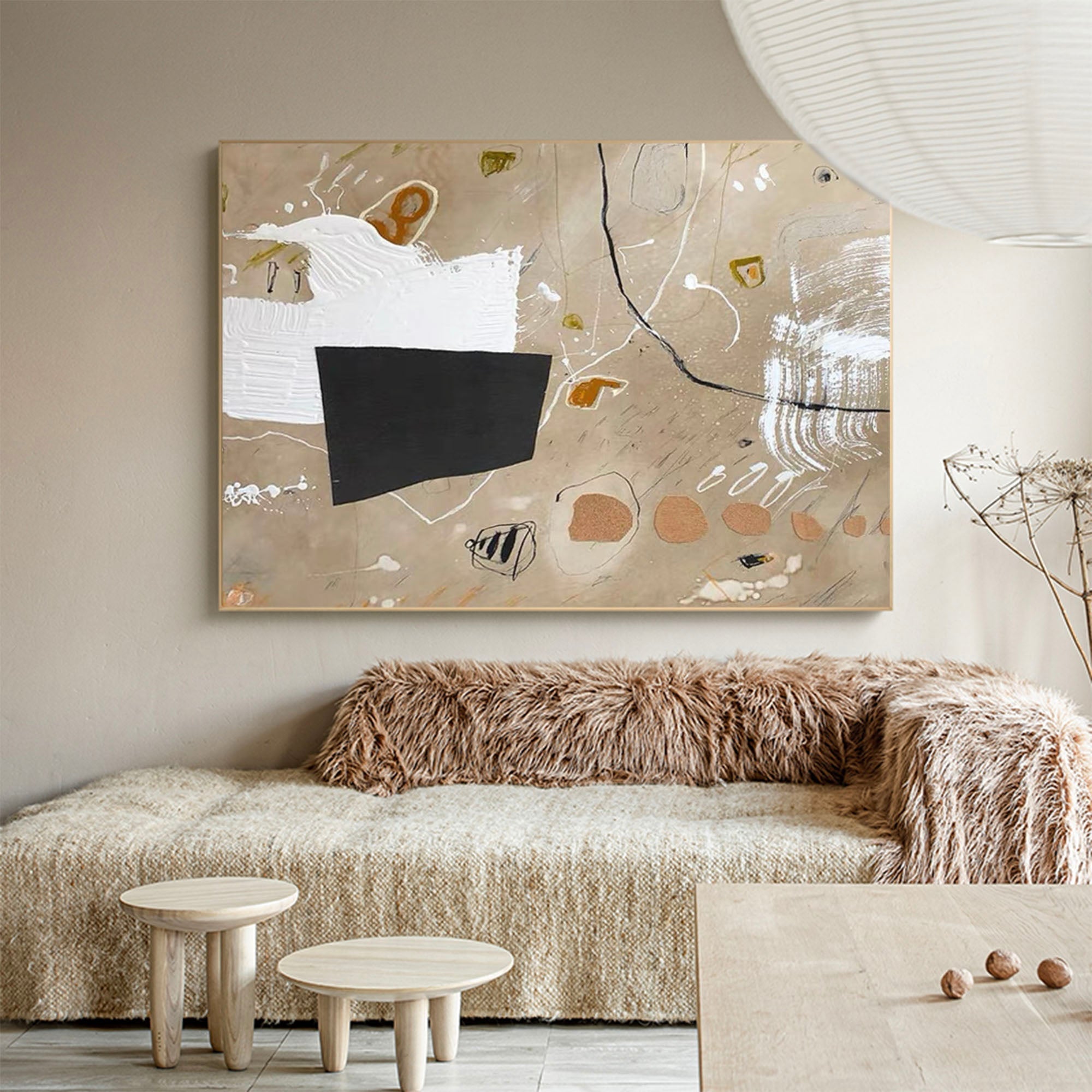 Beige Black Abstract Shapes Minimalist Painting