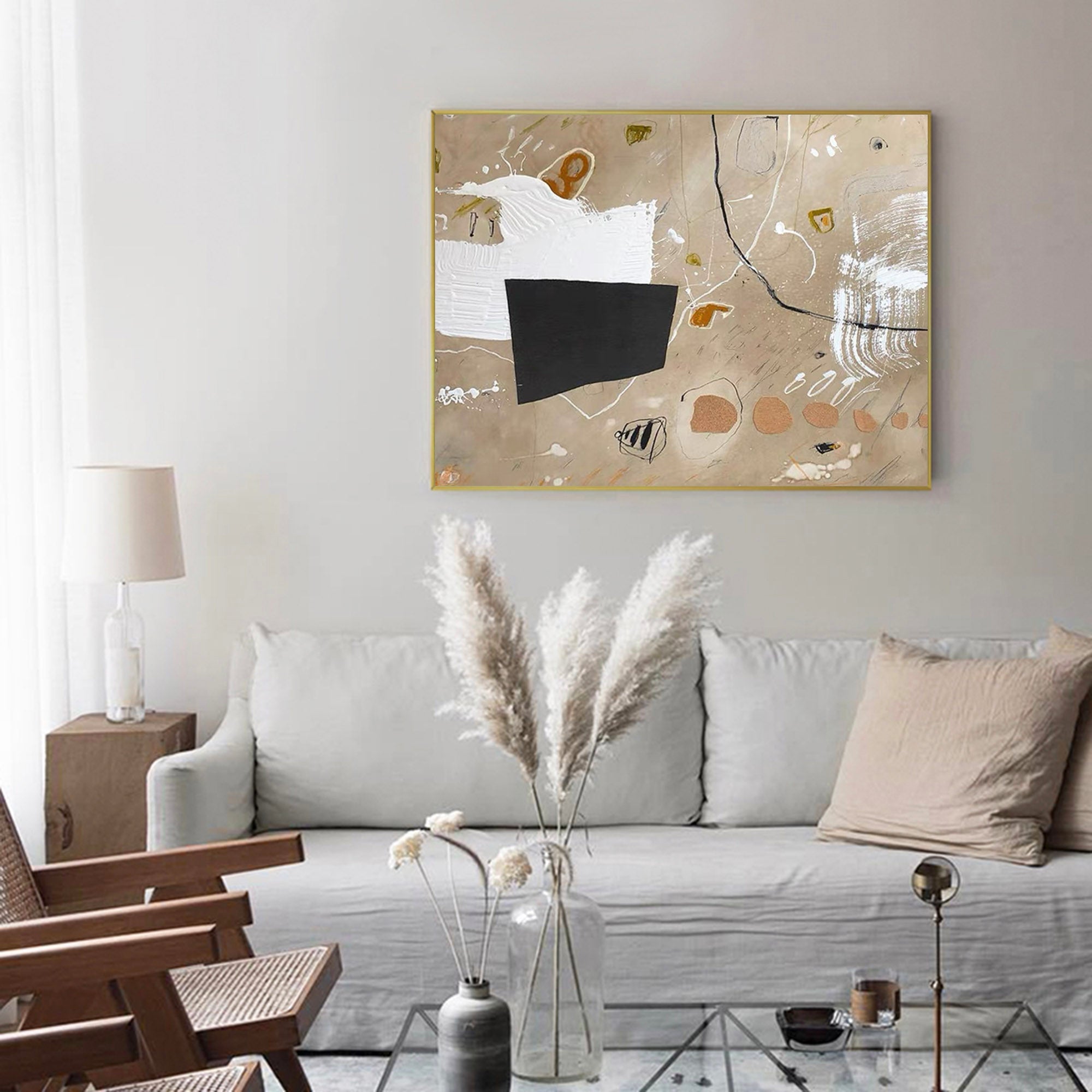 Beige Black Abstract Shapes Minimalist Painting