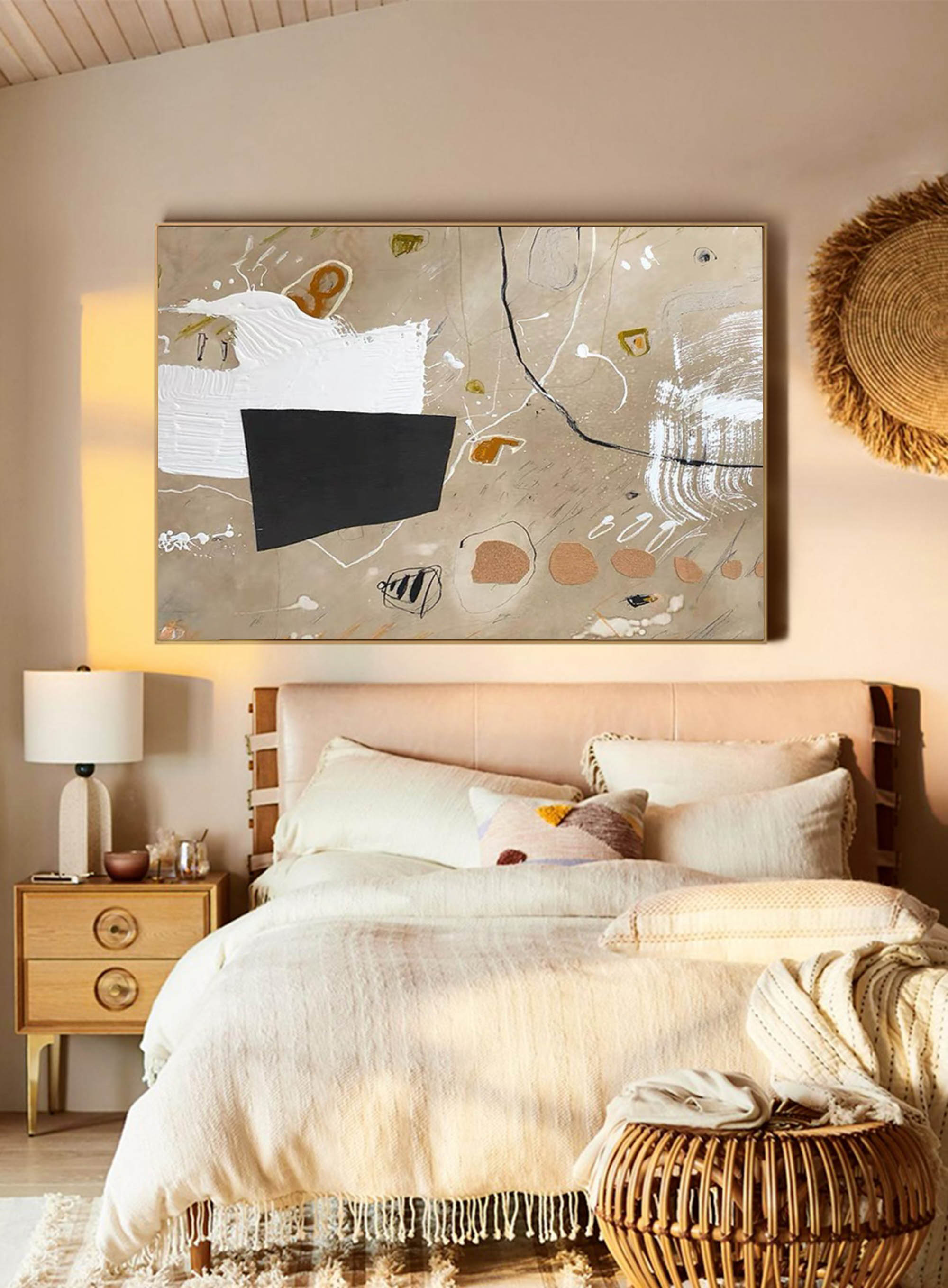 Beige Black Abstract Shapes Minimalist Painting