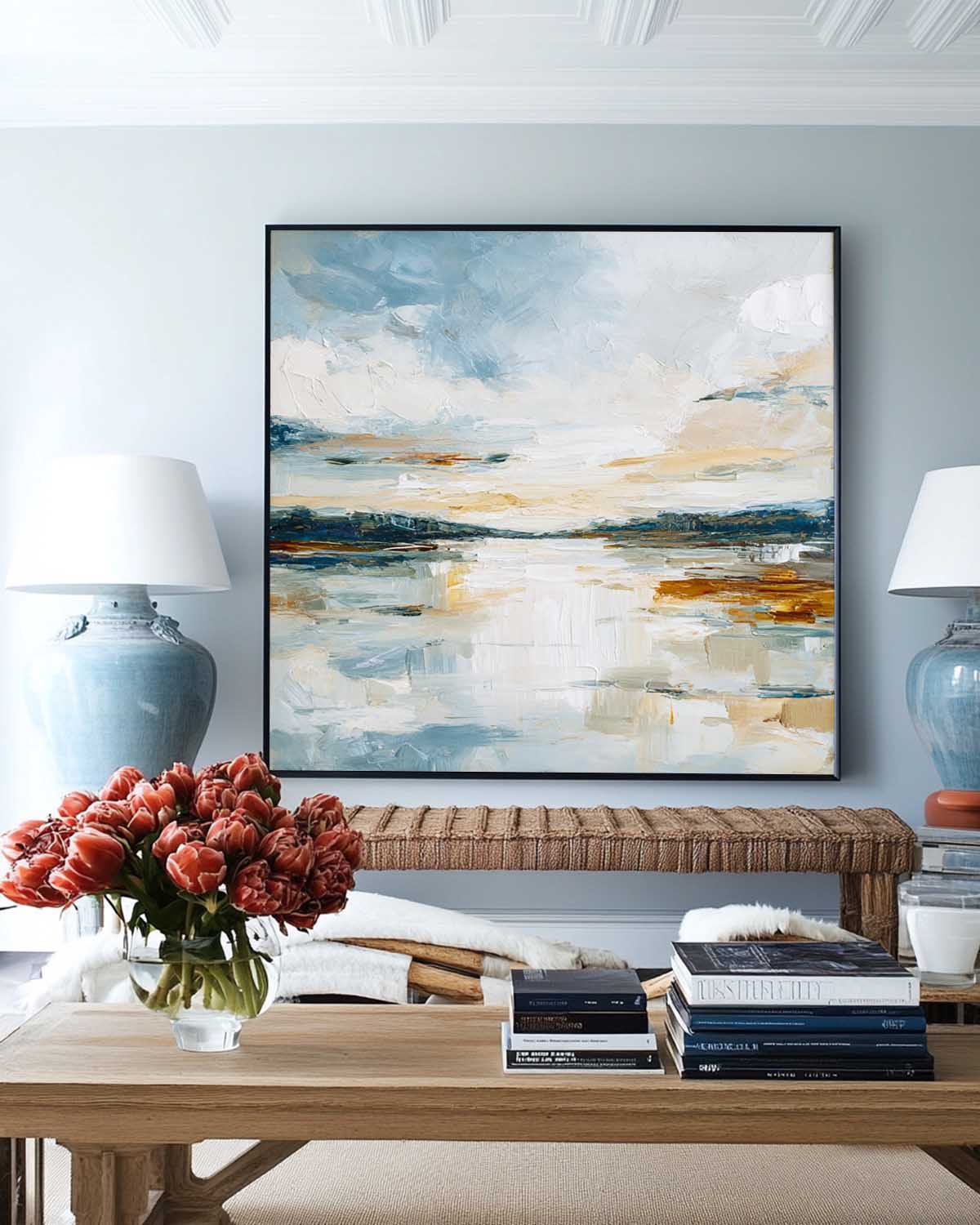 Blue‑White‑Ochre Vertical Abstract Coastal Impasto Textured Artwork