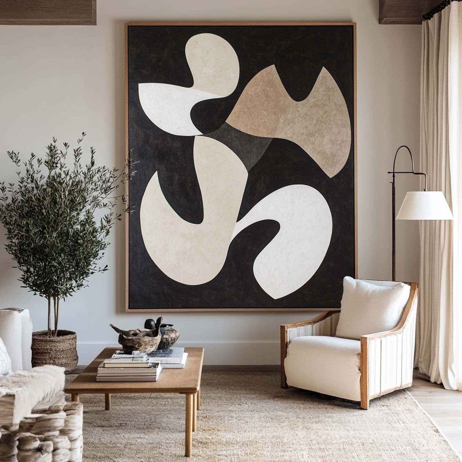 Black‑Beige‑White Tall Flowing Organic‑Shape Artwork