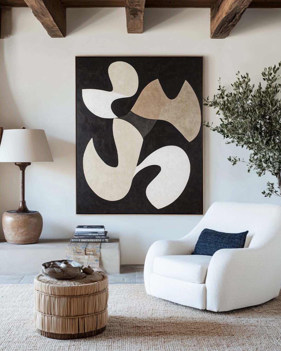 Black‑Beige‑White Tall Flowing Organic‑Shape Artwork