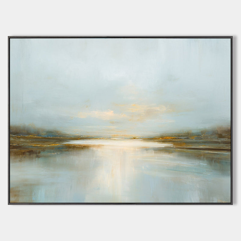 Serene Lake Sunset Oil Painting Neutral Blue and Gold