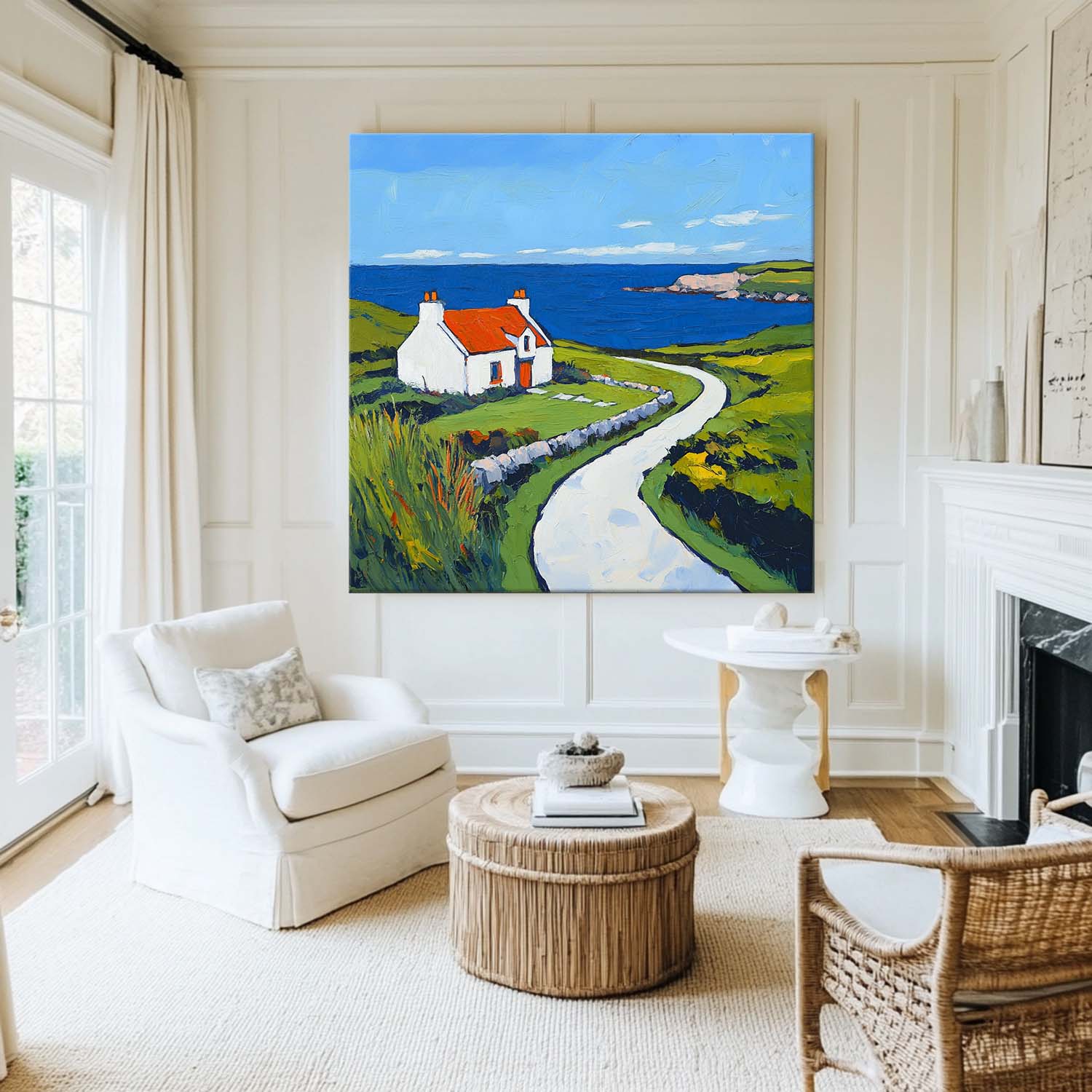 Blue‑Green Square Impasto Coastal Cottage Scenic Textured Artwork