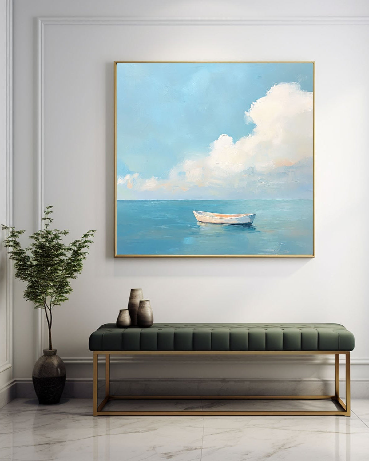 Tranquil Ocean Boat Seascape Soft Cloud Layered Impasto Textured Artwork