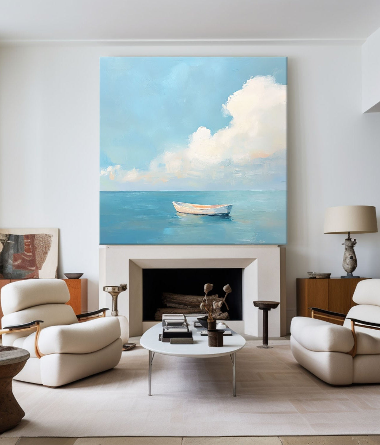 Tranquil Ocean Boat Seascape Soft Cloud Layered Impasto Textured Artwork