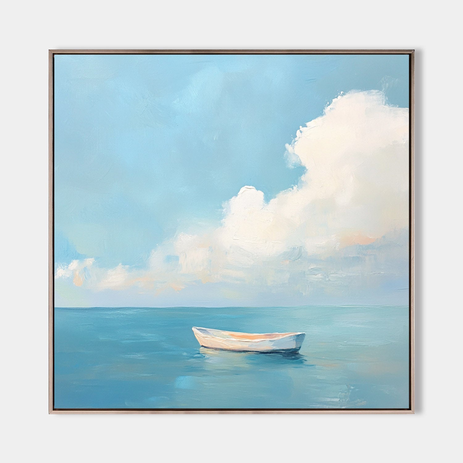Tranquil Ocean Boat Seascape Soft Cloud Layered Impasto Textured Artwork