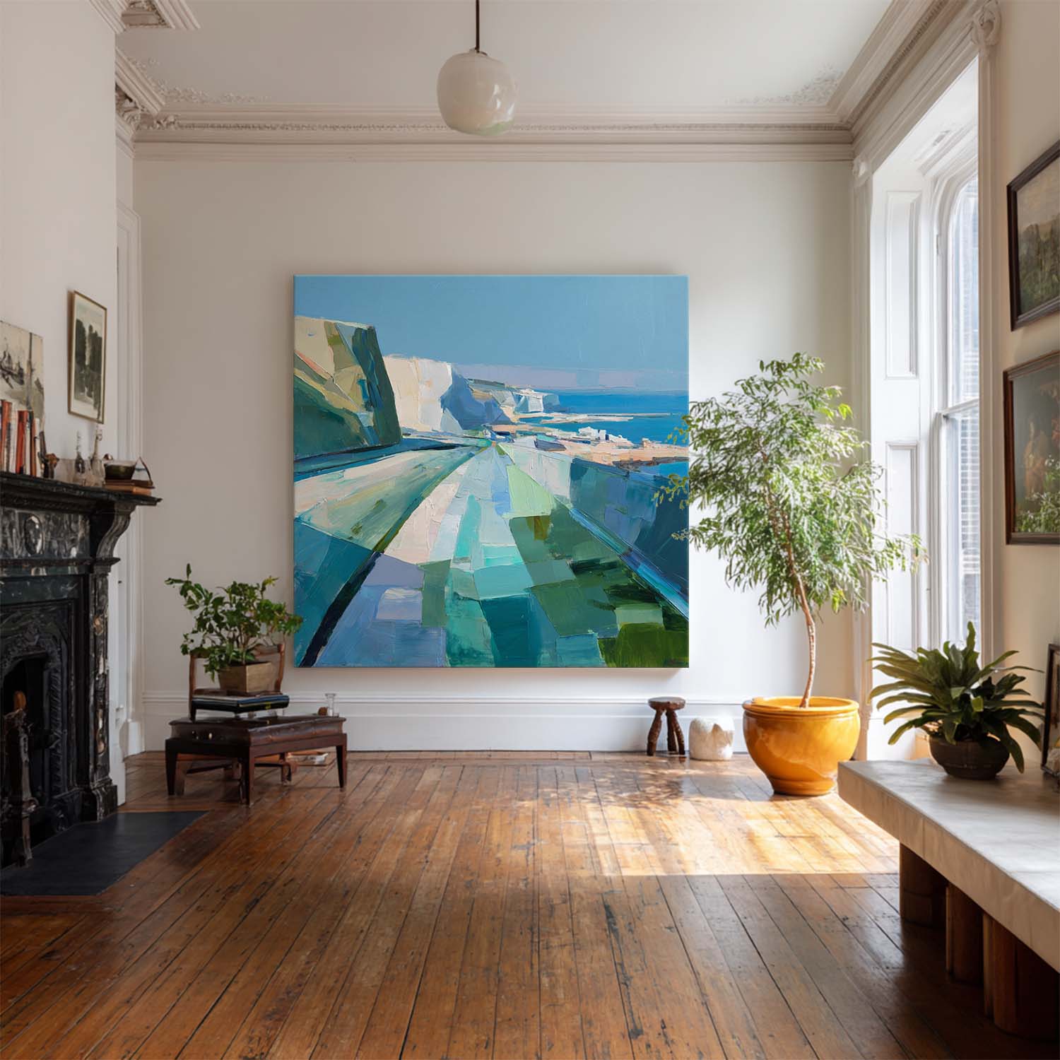Blue‑Green‑Teal Horizontal Abstract Geometric Landscape Artwork