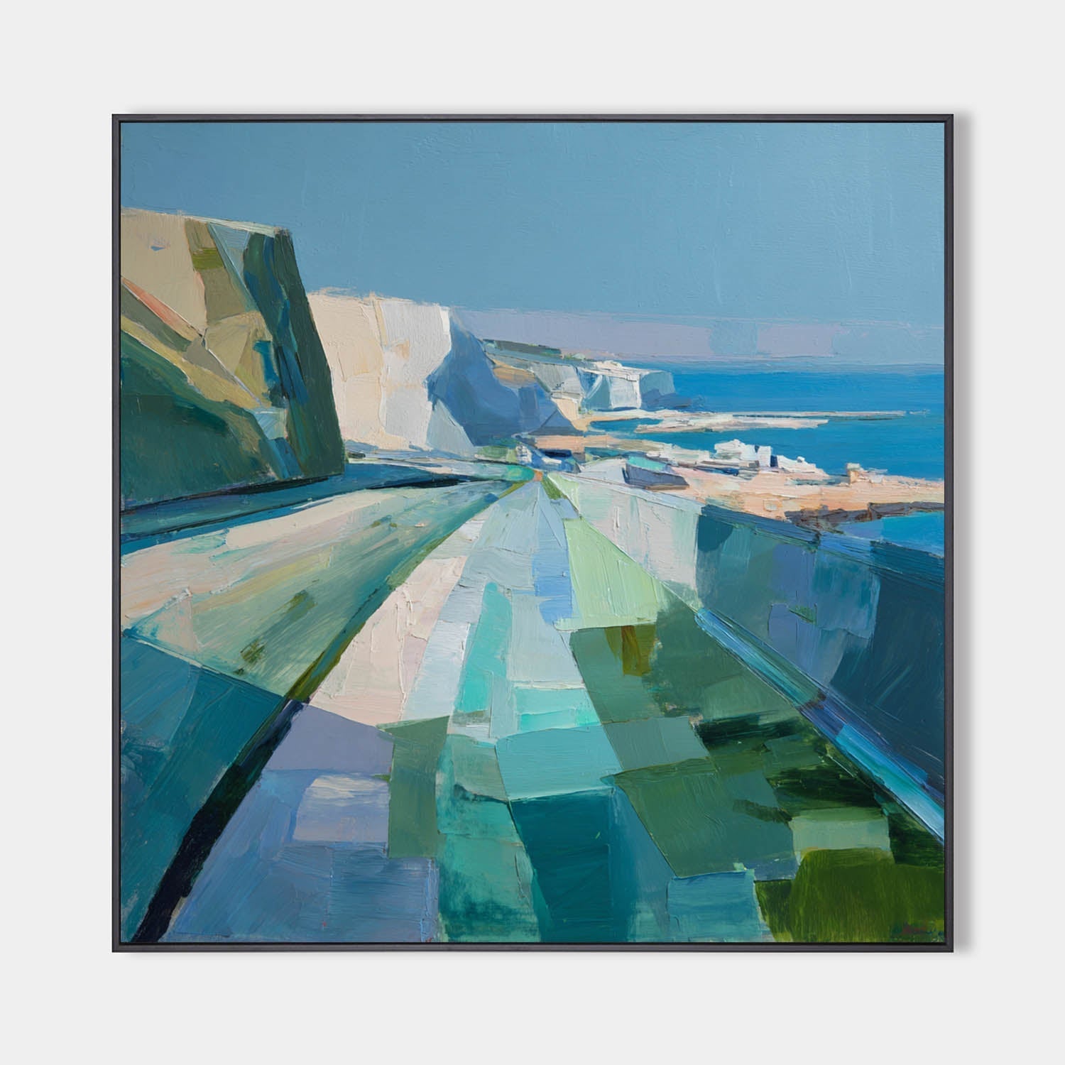 Blue‑Green‑Teal Horizontal Abstract Geometric Landscape Artwork