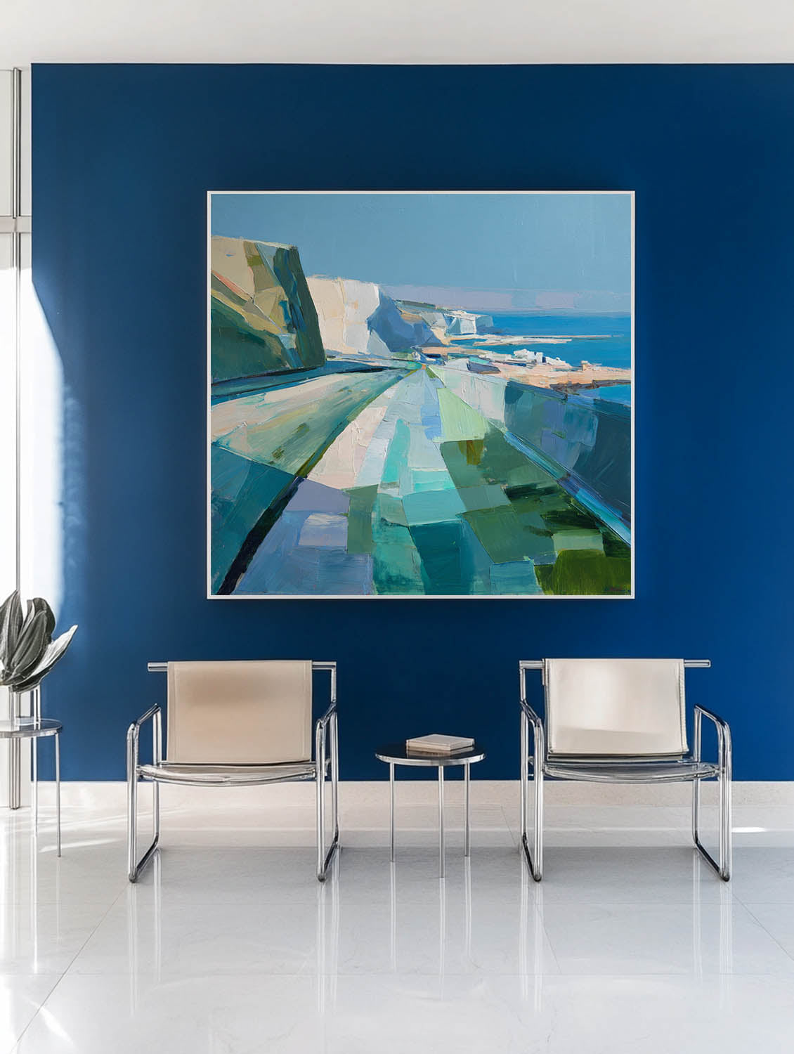 Blue‑Green‑Teal Horizontal Abstract Geometric Landscape Artwork