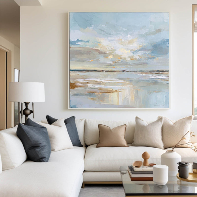 Tranquil Coastal Horizon Oil Painting Soft Blue