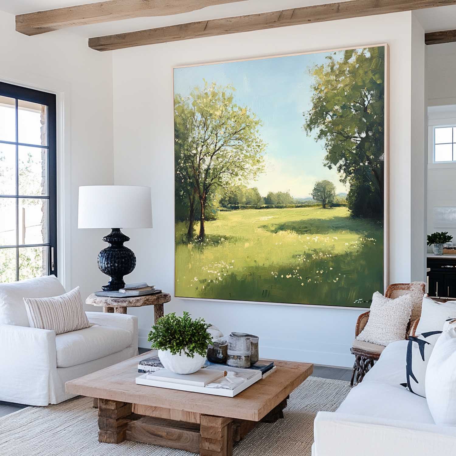 Green‑Blue Square Impasto Sunlit Pastoral Meadow Textured Artwork