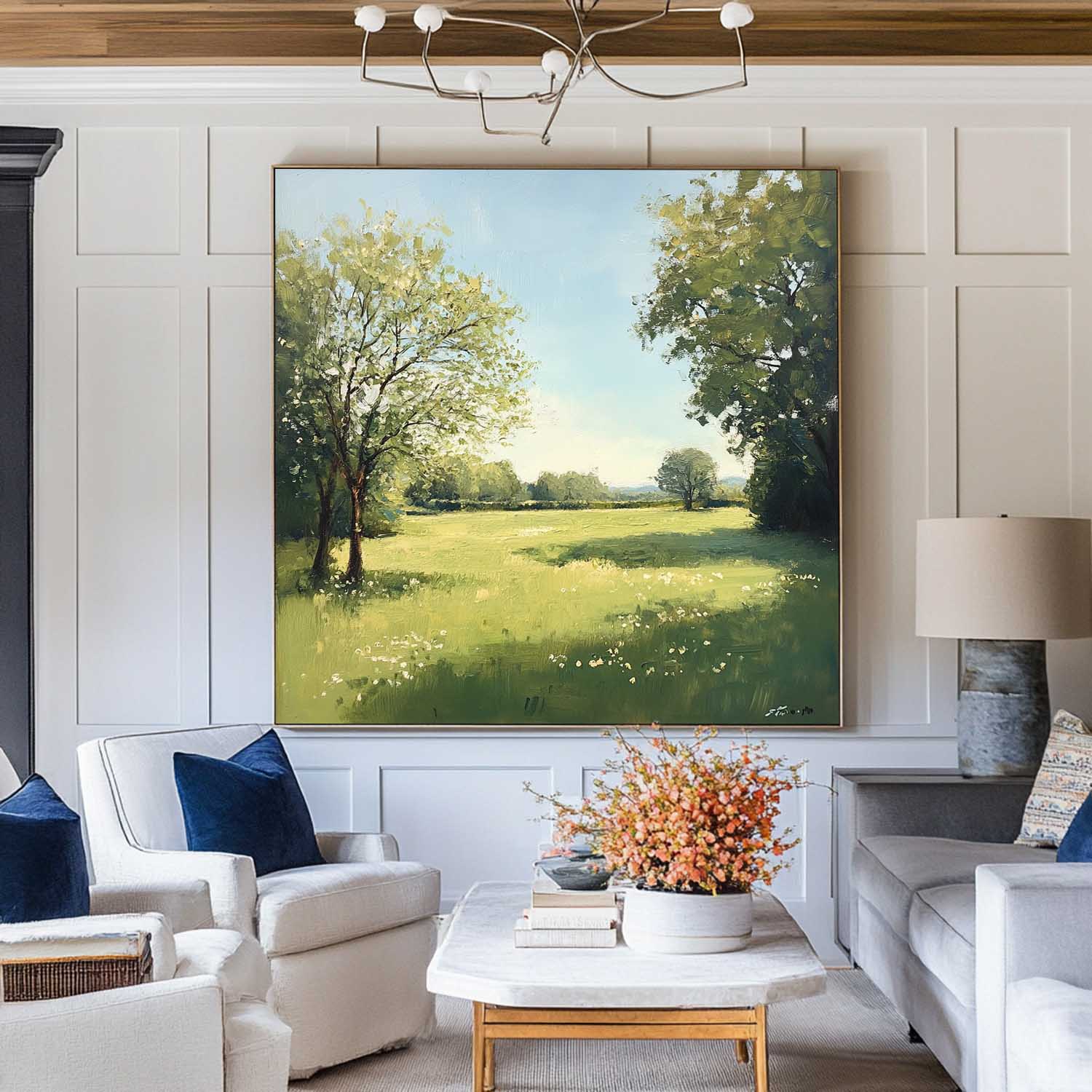 Green‑Blue Square Impasto Sunlit Pastoral Meadow Textured Artwork
