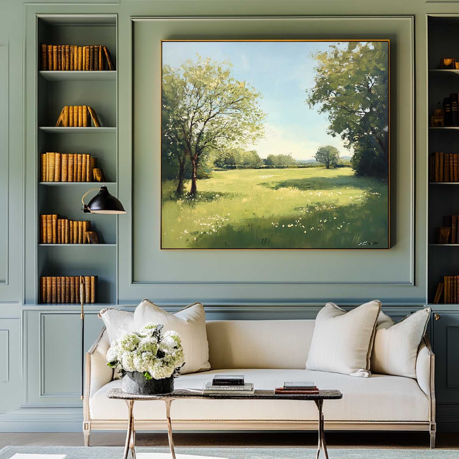 Green‑Blue Square Impasto Sunlit Pastoral Meadow Textured Artwork