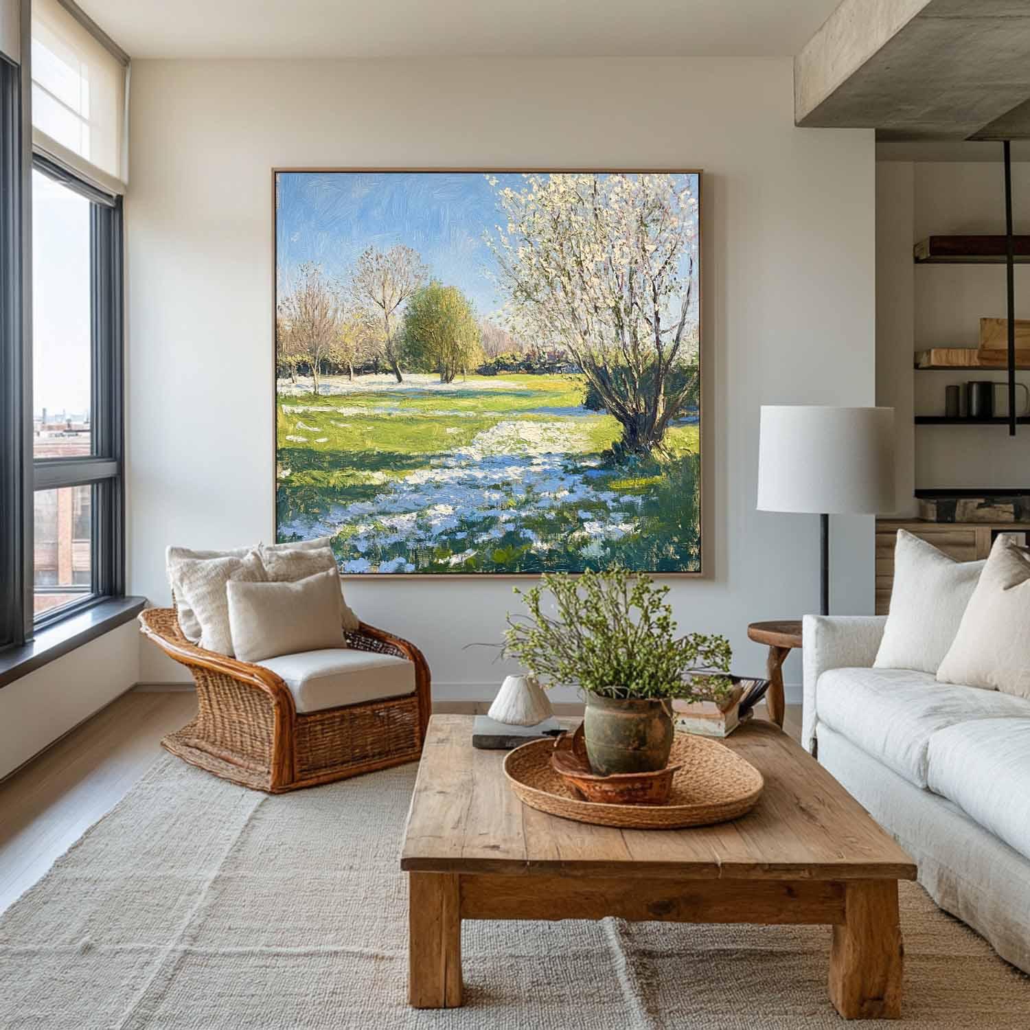 Green‑Blue‑White Square Impasto Spring Garden Scenery Textured Artwork