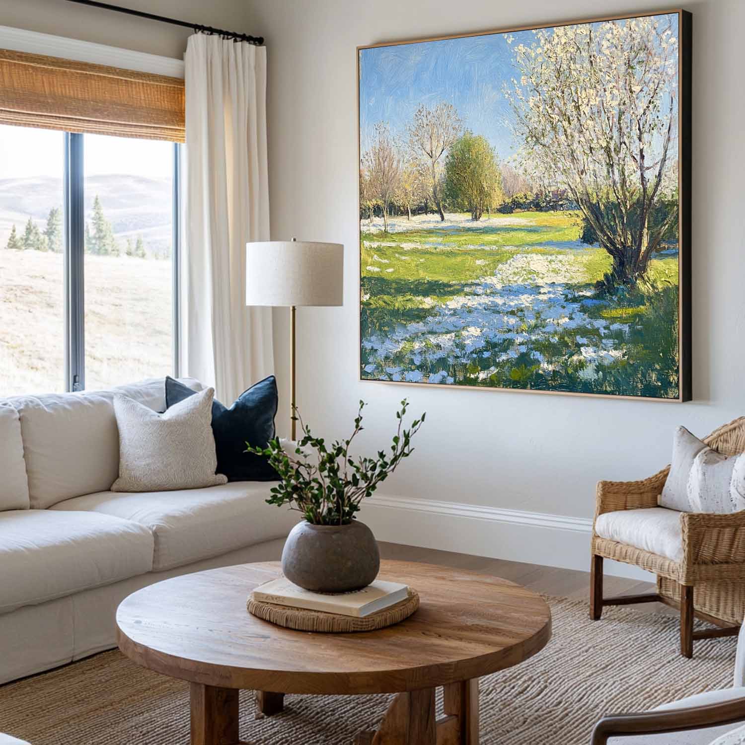 Green‑Blue‑White Square Impasto Spring Garden Scenery Textured Artwork