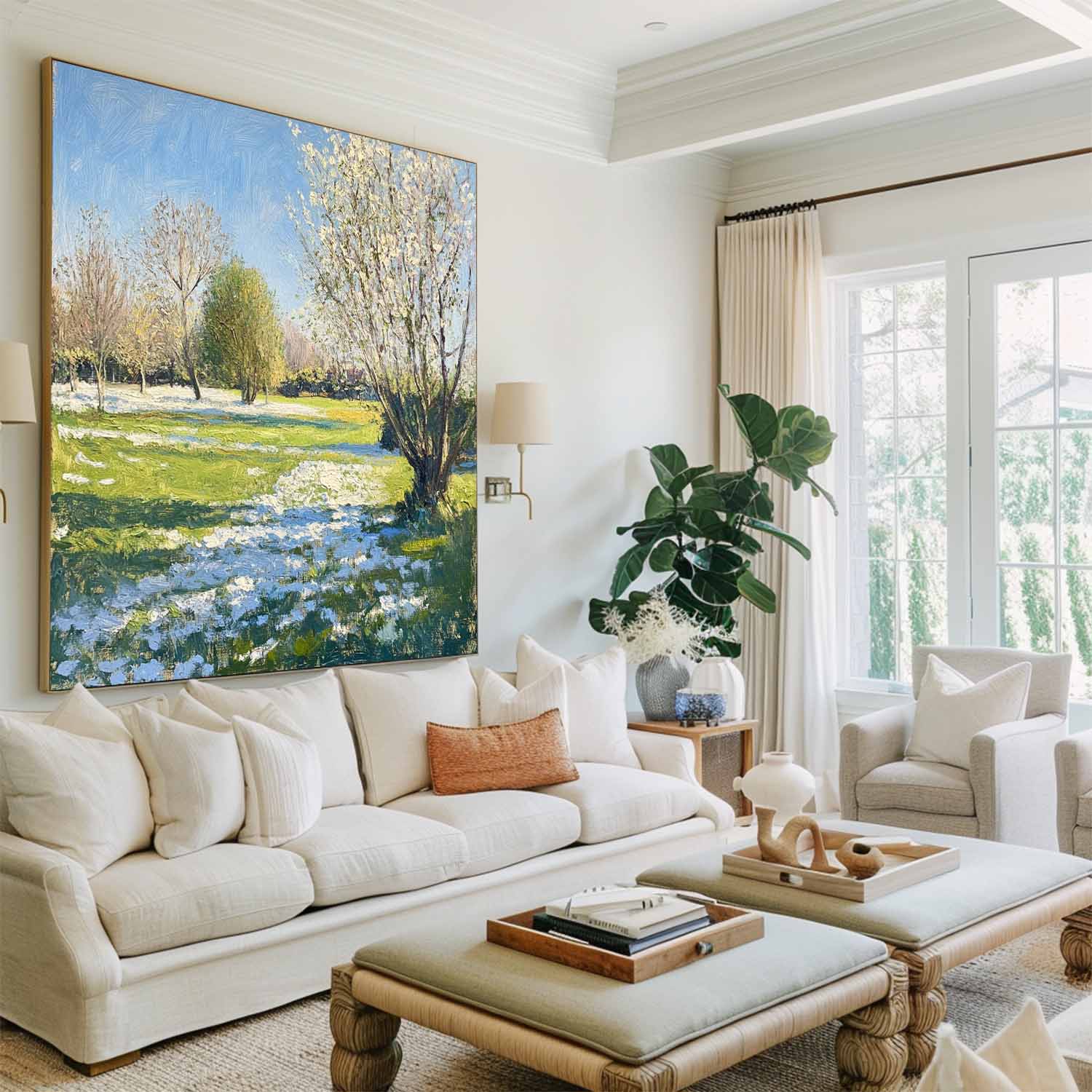 Green‑Blue‑White Square Impasto Spring Garden Scenery Textured Artwork