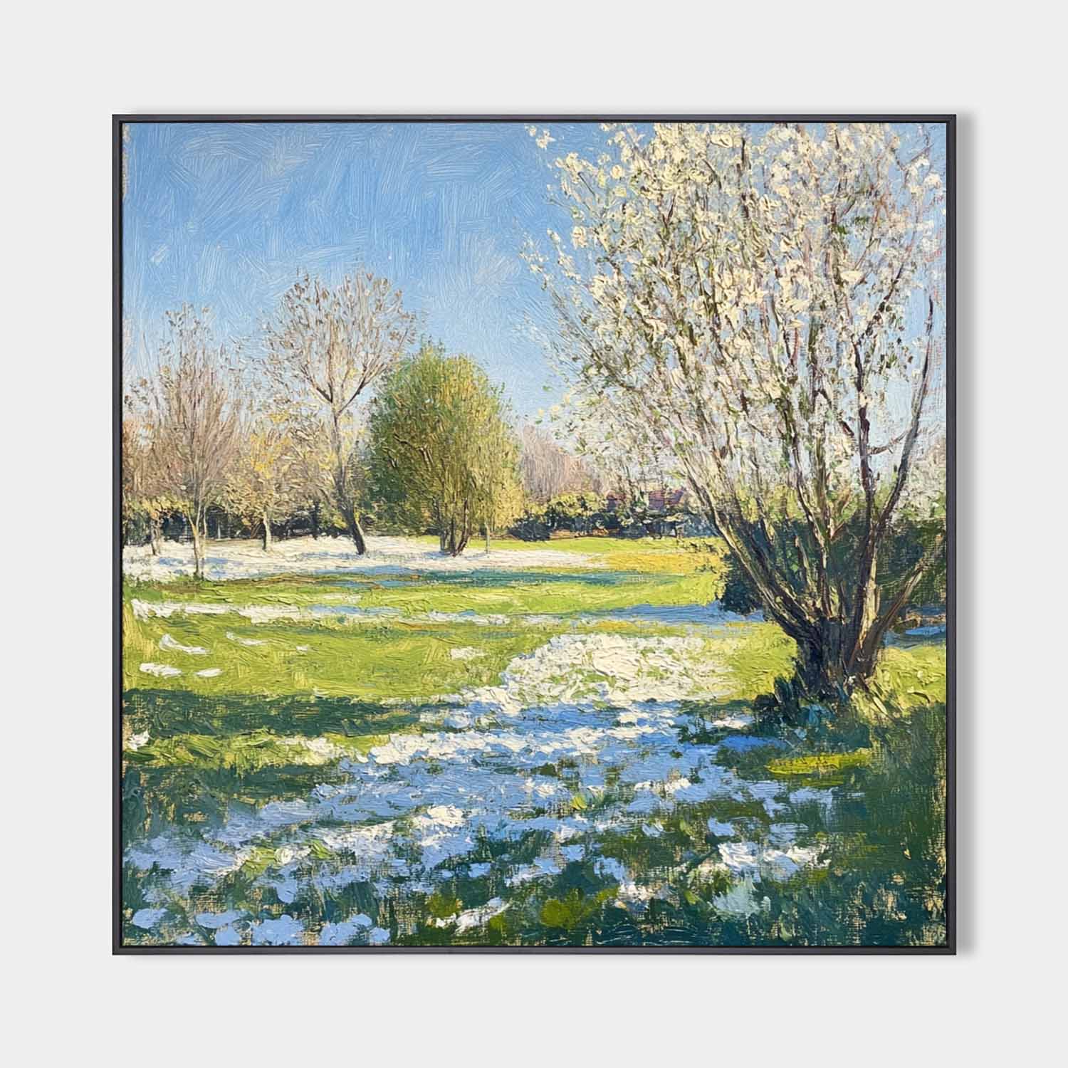 Green‑Blue‑White Square Impasto Spring Garden Scenery Textured Artwork